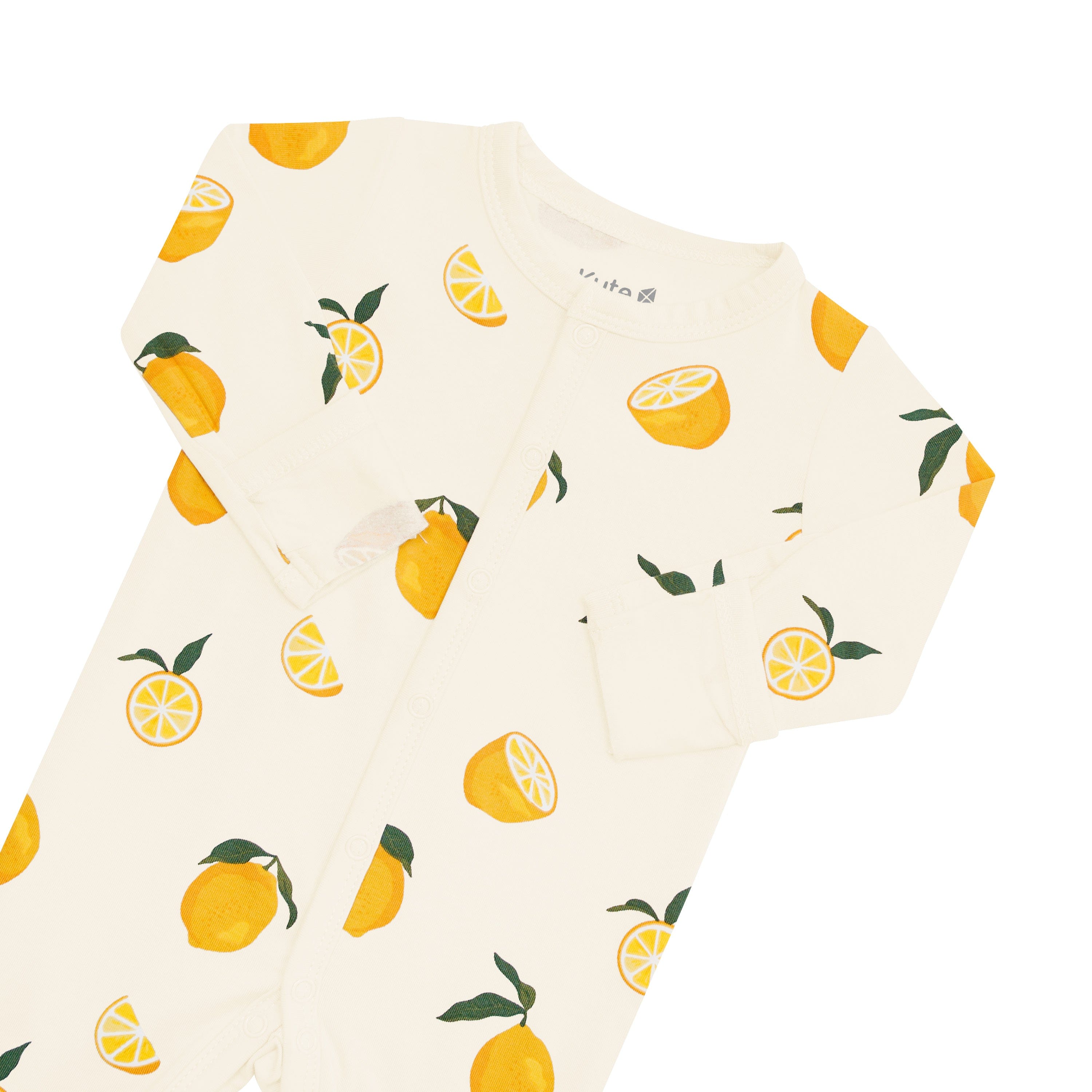 Fold-over cuffs on Kyte Baby Romper in Lemon