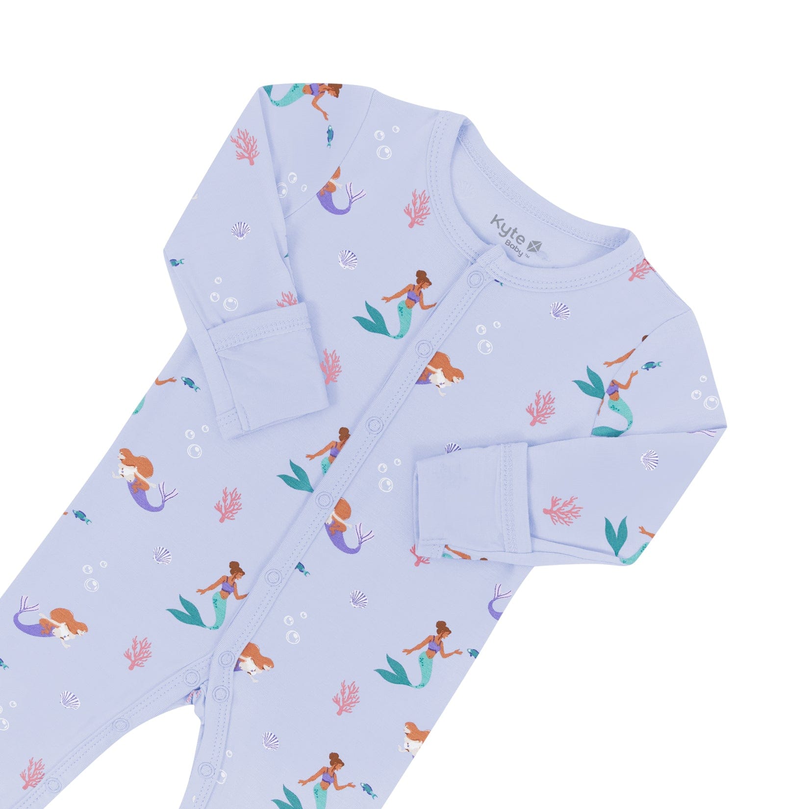 Fold-over cuffs on Kyte Baby Romper in Mermaid