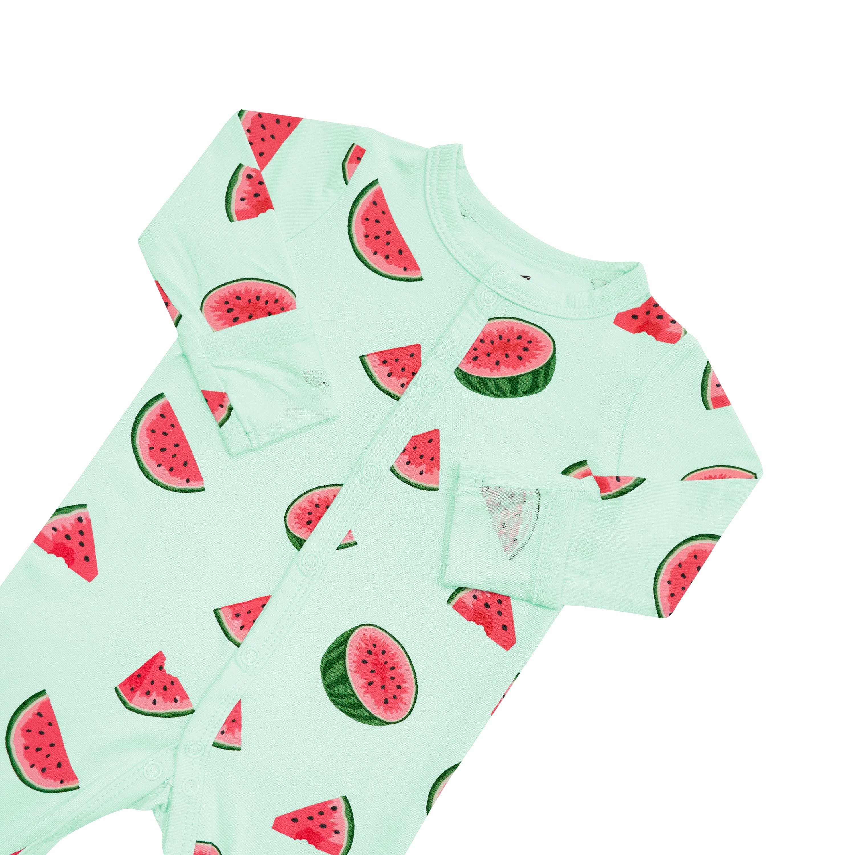 Fold over cuffs on Kyte Baby long sleeve Romper in Watermelon