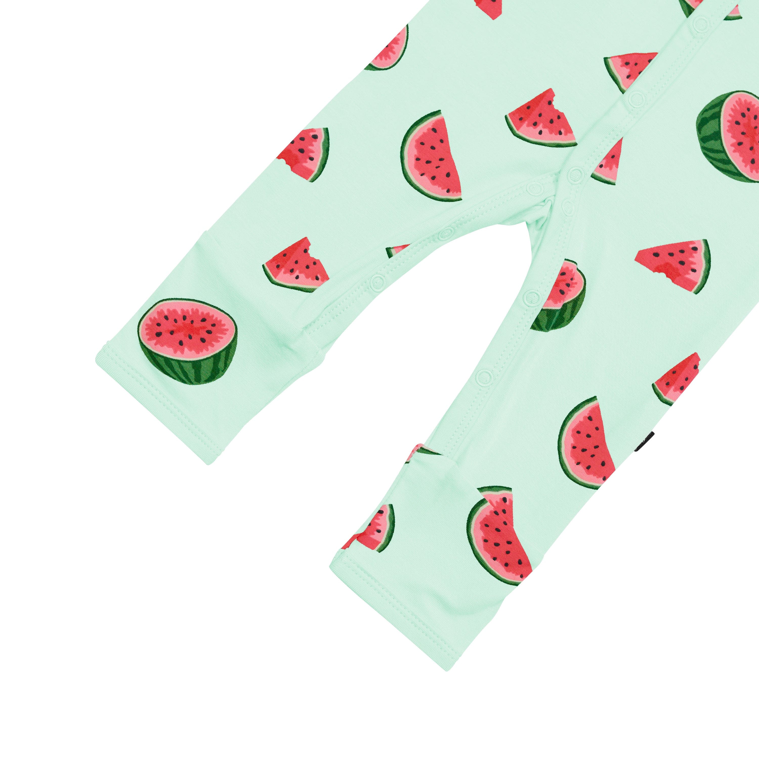 Snap closure on Kyte Baby long sleeve Romper in Watermelon