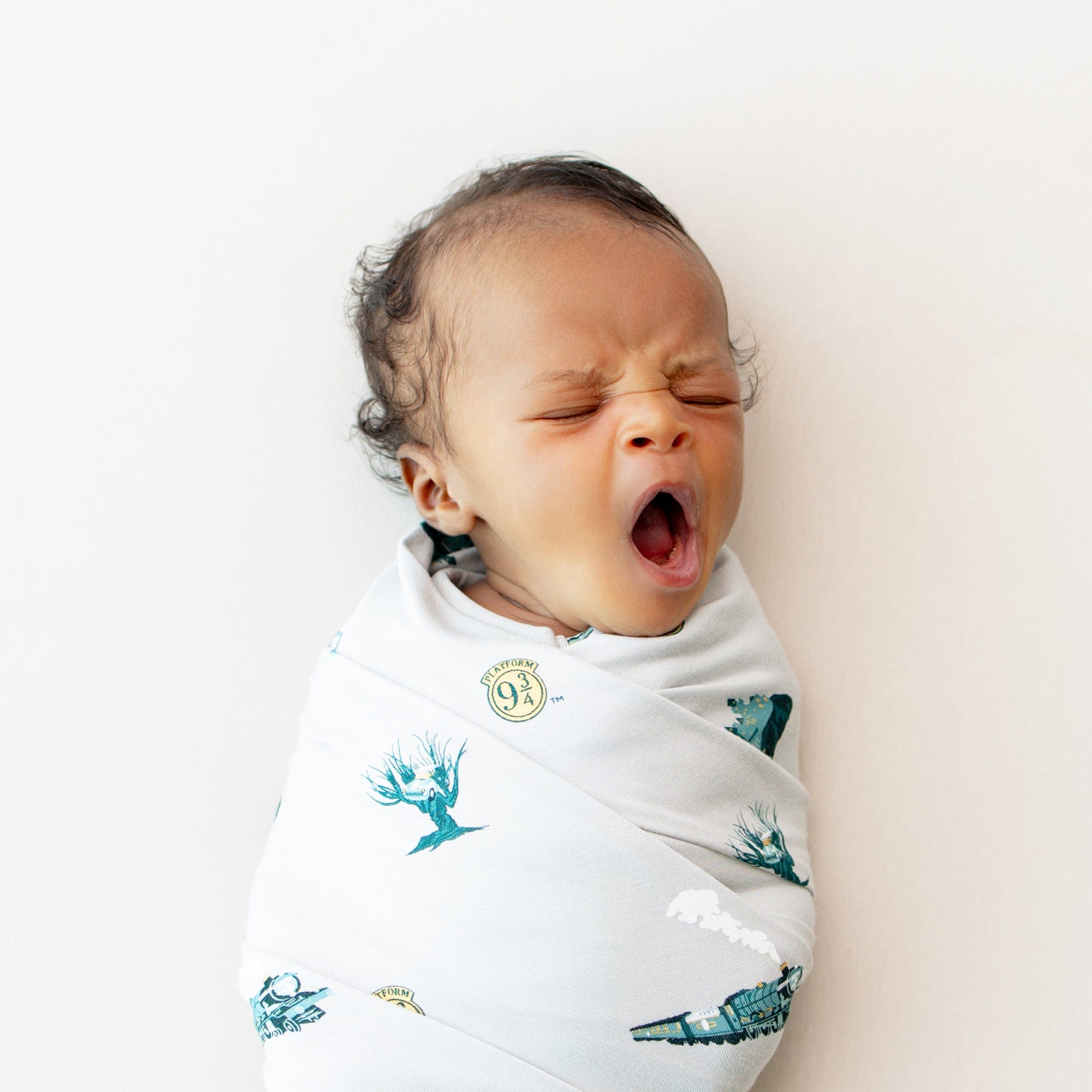 Newborn swaddled in Kyte Baby Swaddle Blanket in Journey