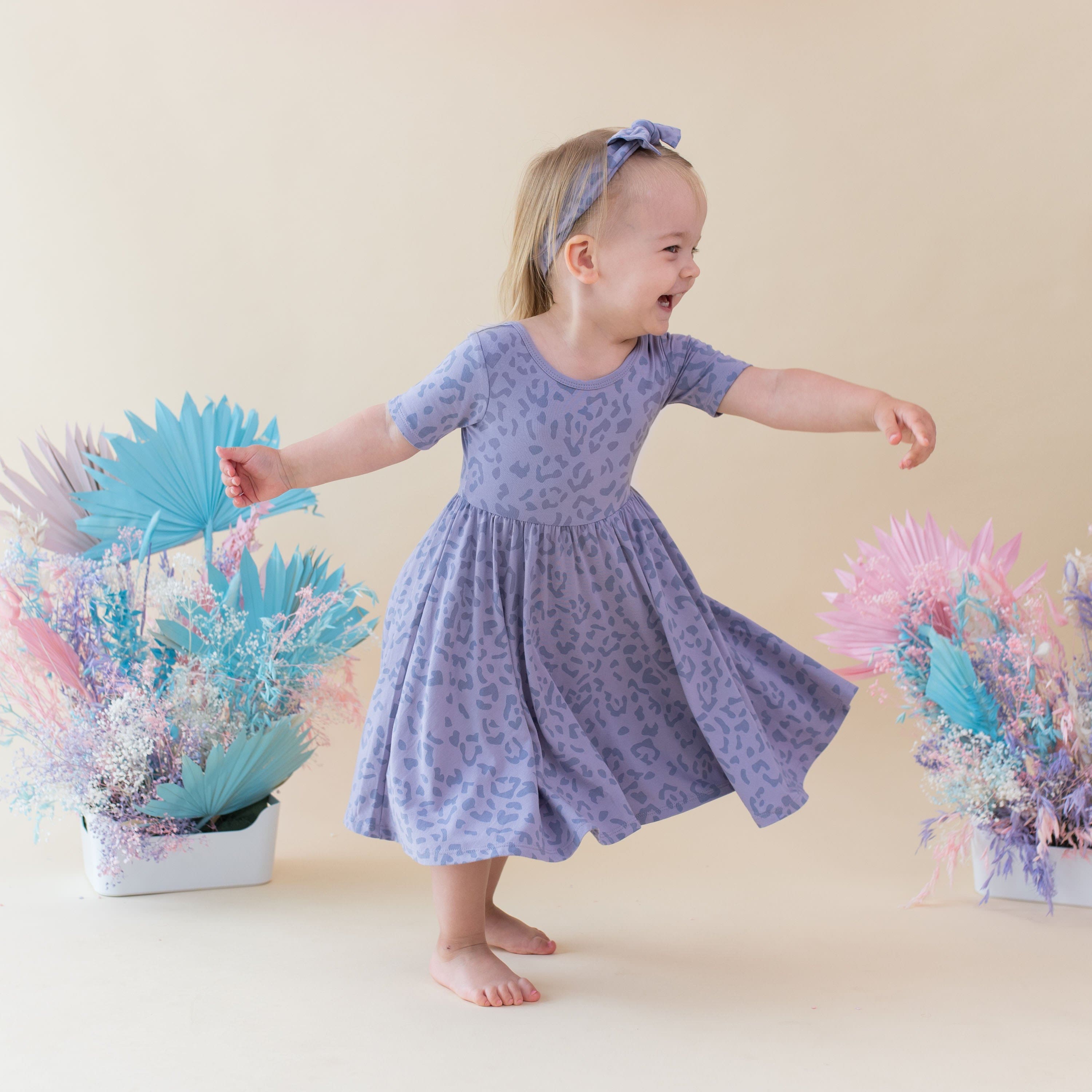 Kyte Baby Toddler Short Sleeve Twirl Dress Twirl Dress in Taro Leopard