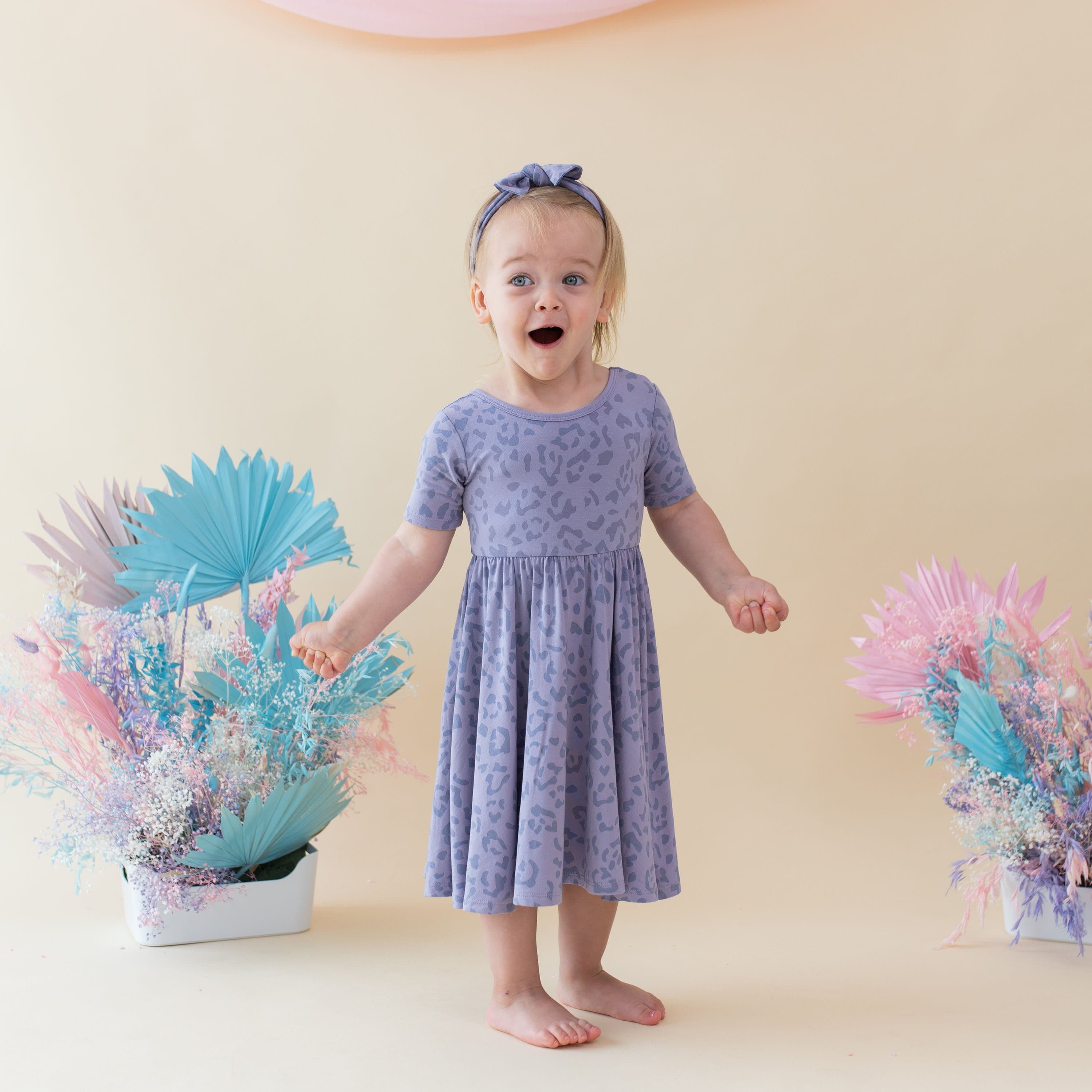 Kyte Baby Toddler Short Sleeve Twirl Dress Twirl Dress in Taro Leopard