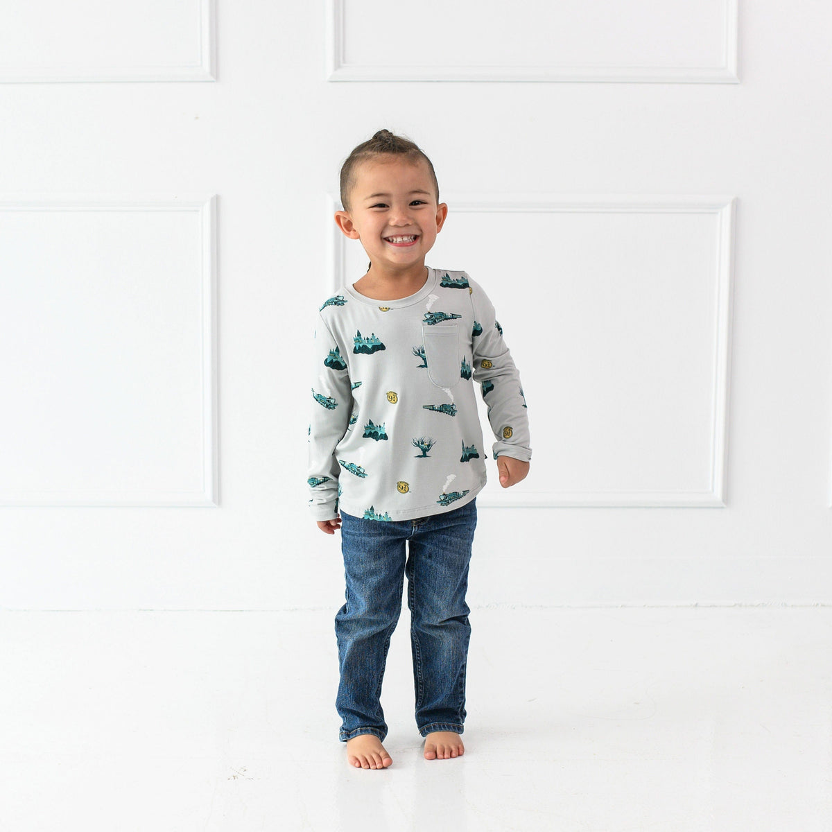 Toddler wearing Kyte Baby Long Sleeve Crew Neck Tee in Journey