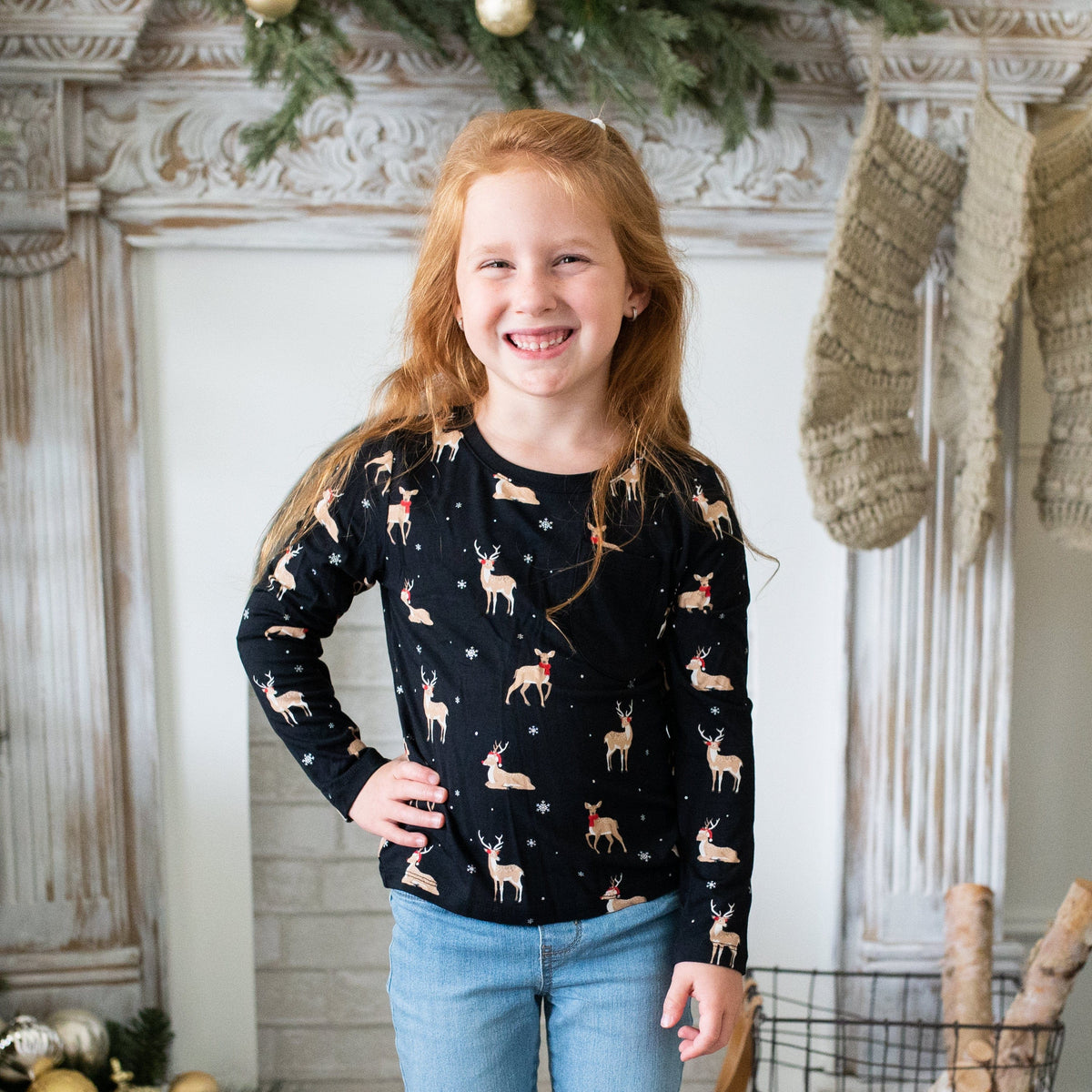 Kyte Baby Toddler Unisex Tee Long Sleeve Toddler Crew Neck Tee in Midnight Deer