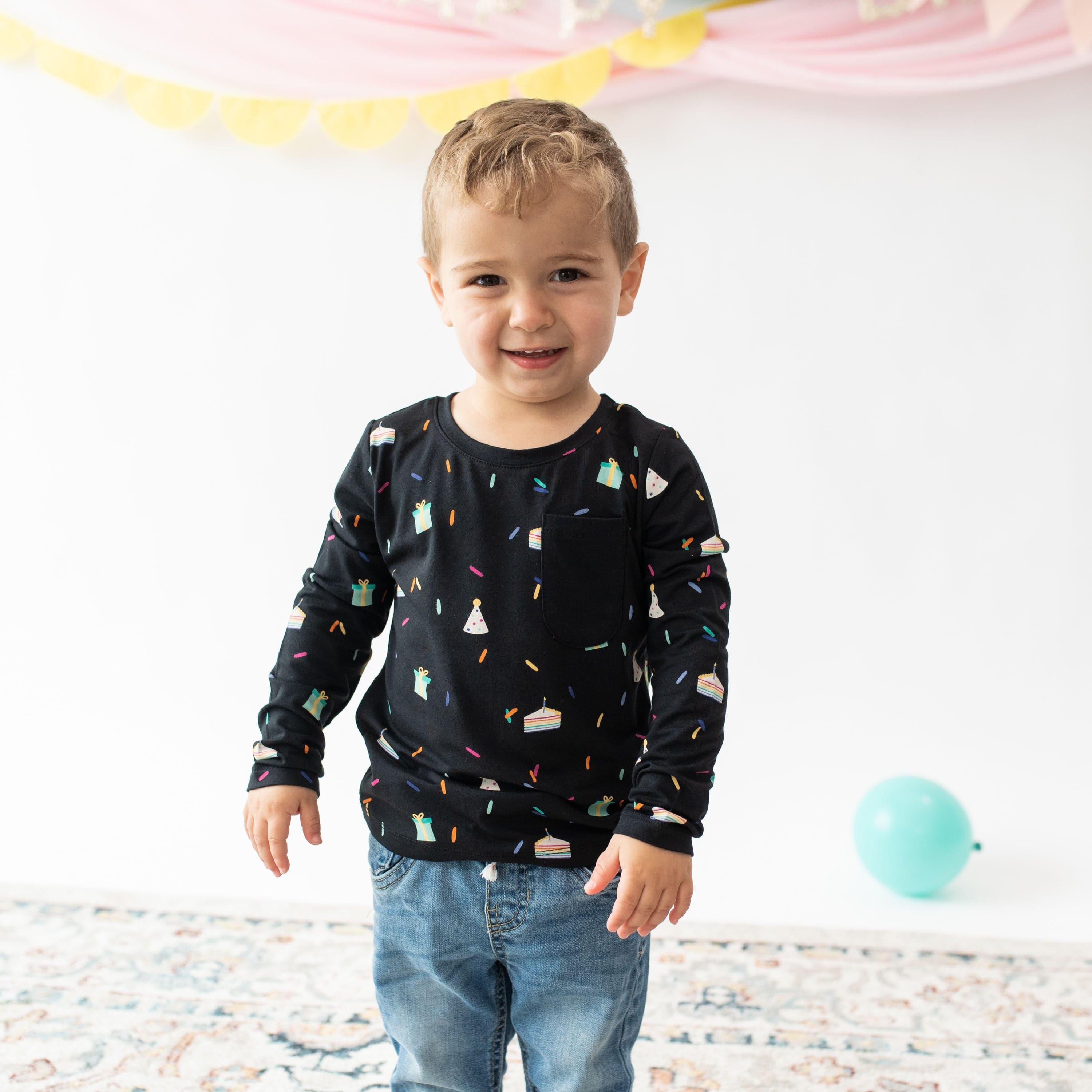 Long Sleeve Toddler Crew Neck Tee in Midnight Party