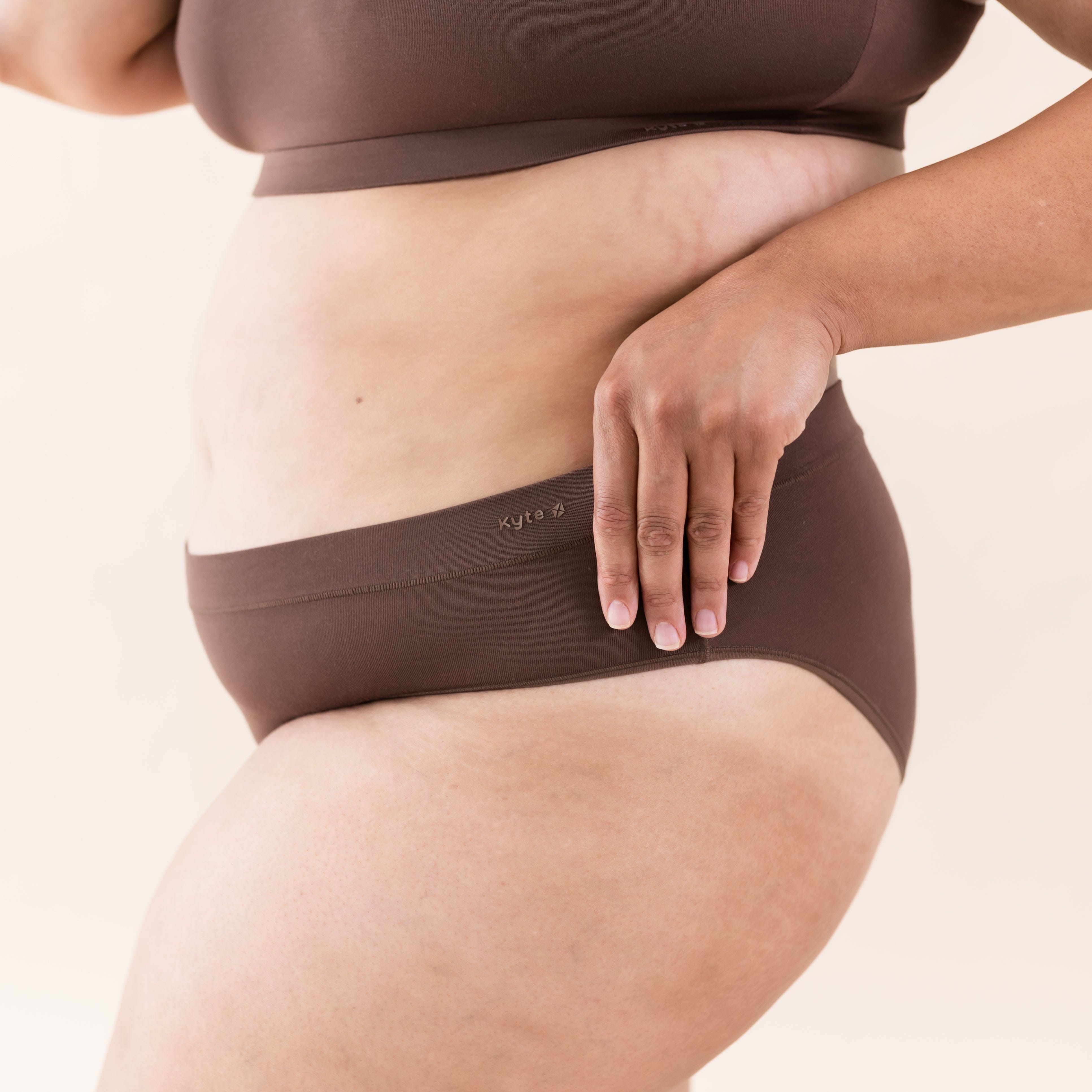 Woman wearing Kyte Baby Women's Cheekini Underwear in Toffee