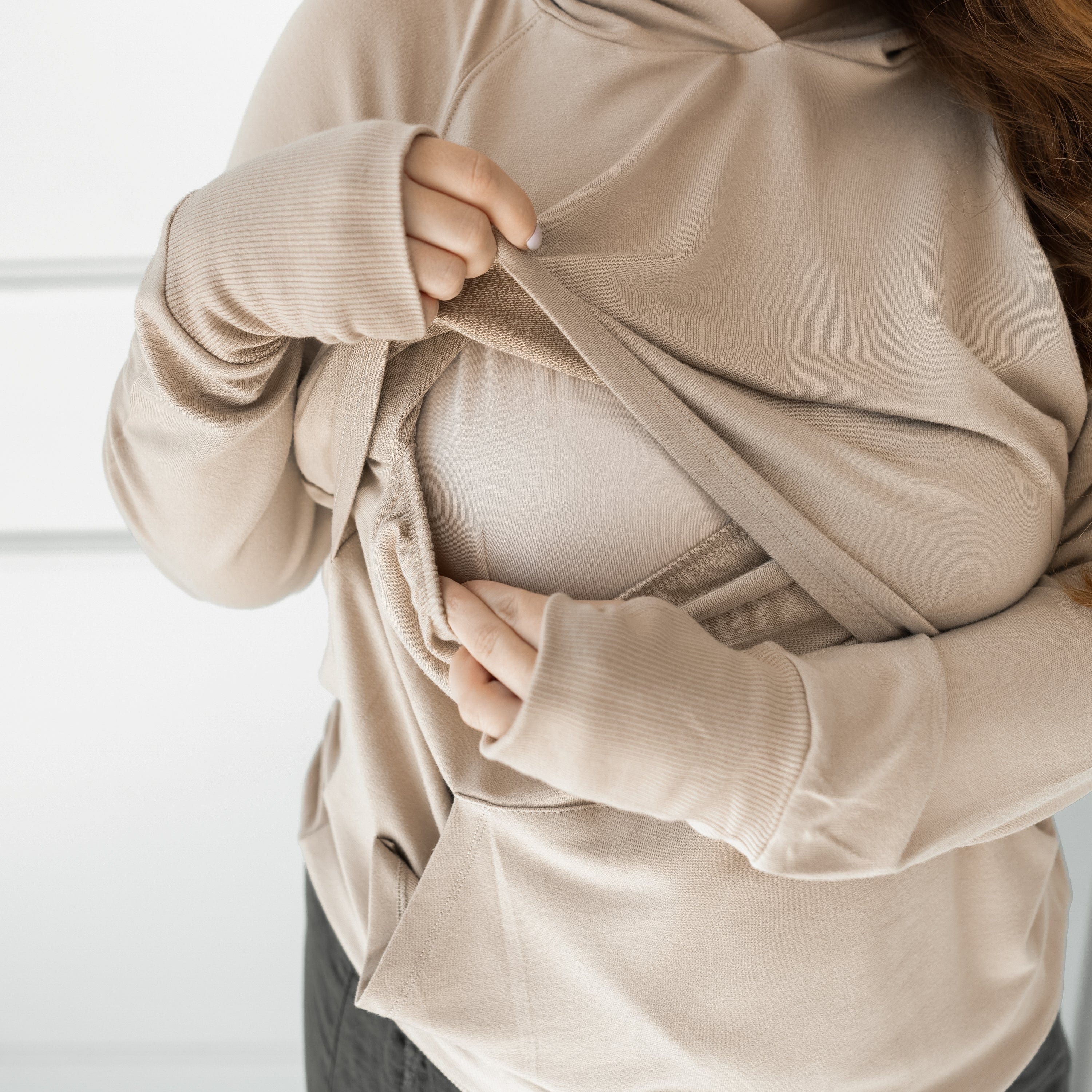 Lift up Access on Kyte Baby Women's French Terry Nursing Hoodie in Almond