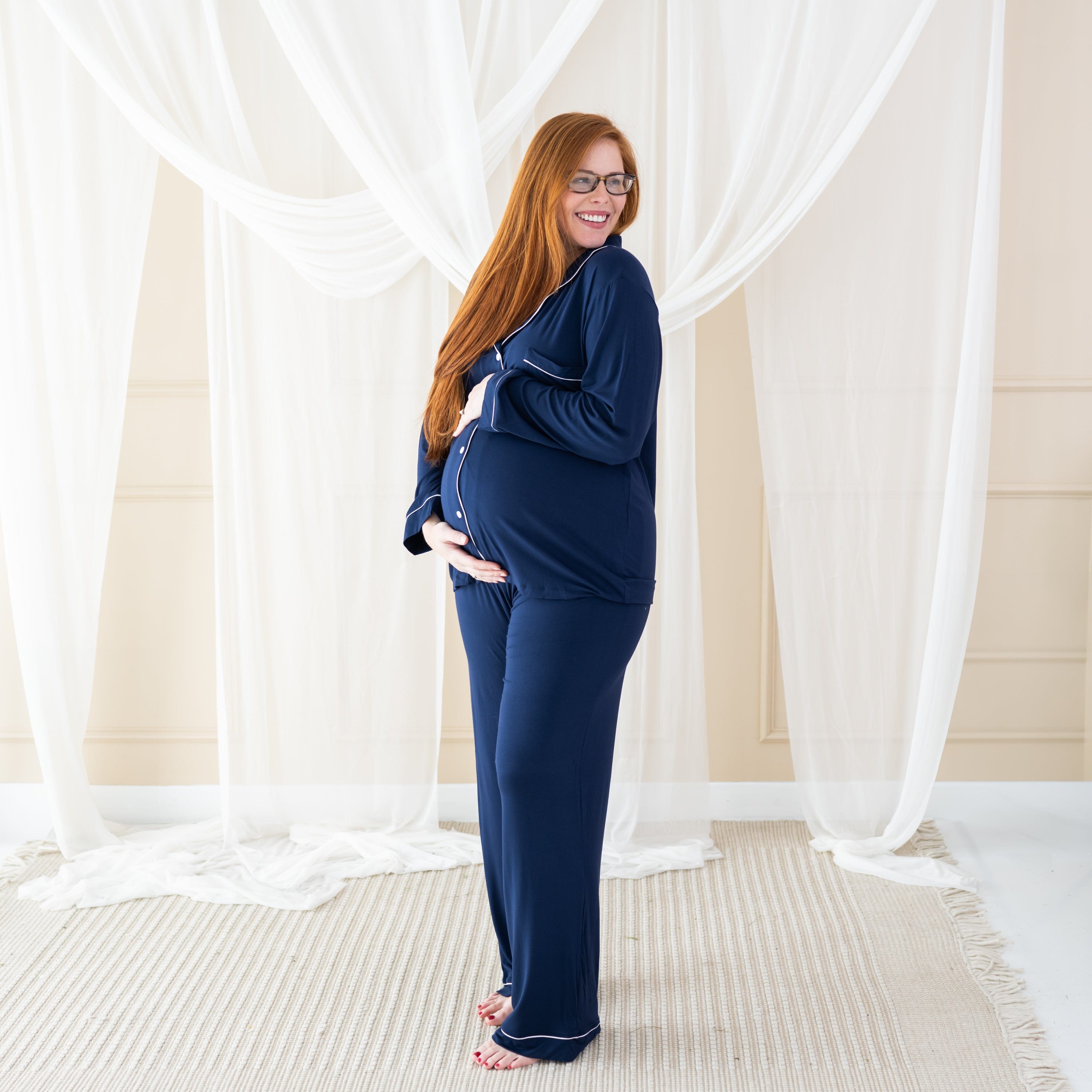 Kyte Baby Women’s Long Sleeve Pajama Set Women's Long Sleeve Pajama Set in Navy with Cloud Trim
