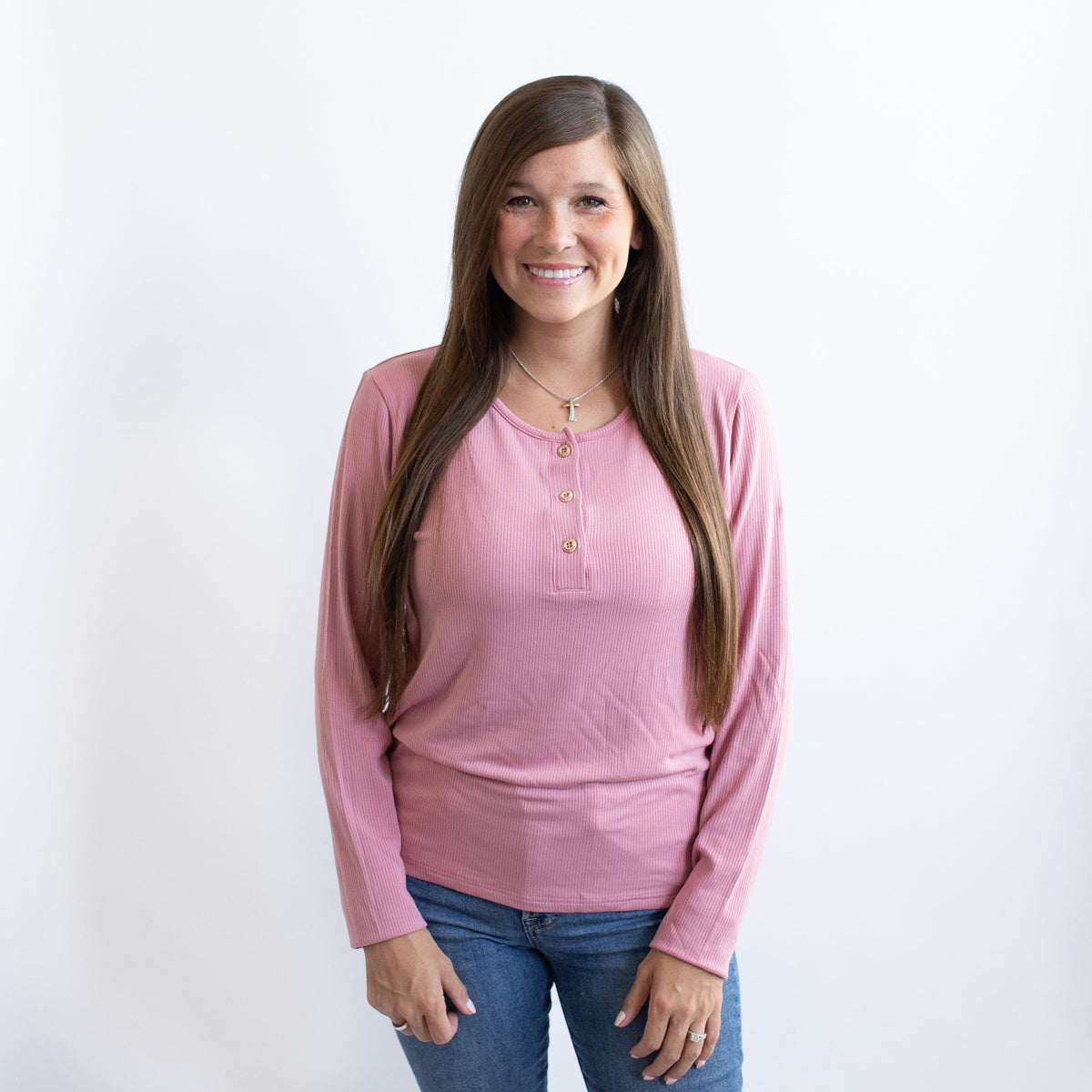 Woman wearing Kyte Baby Women's Ribbed Henley Top in Apple Blossom