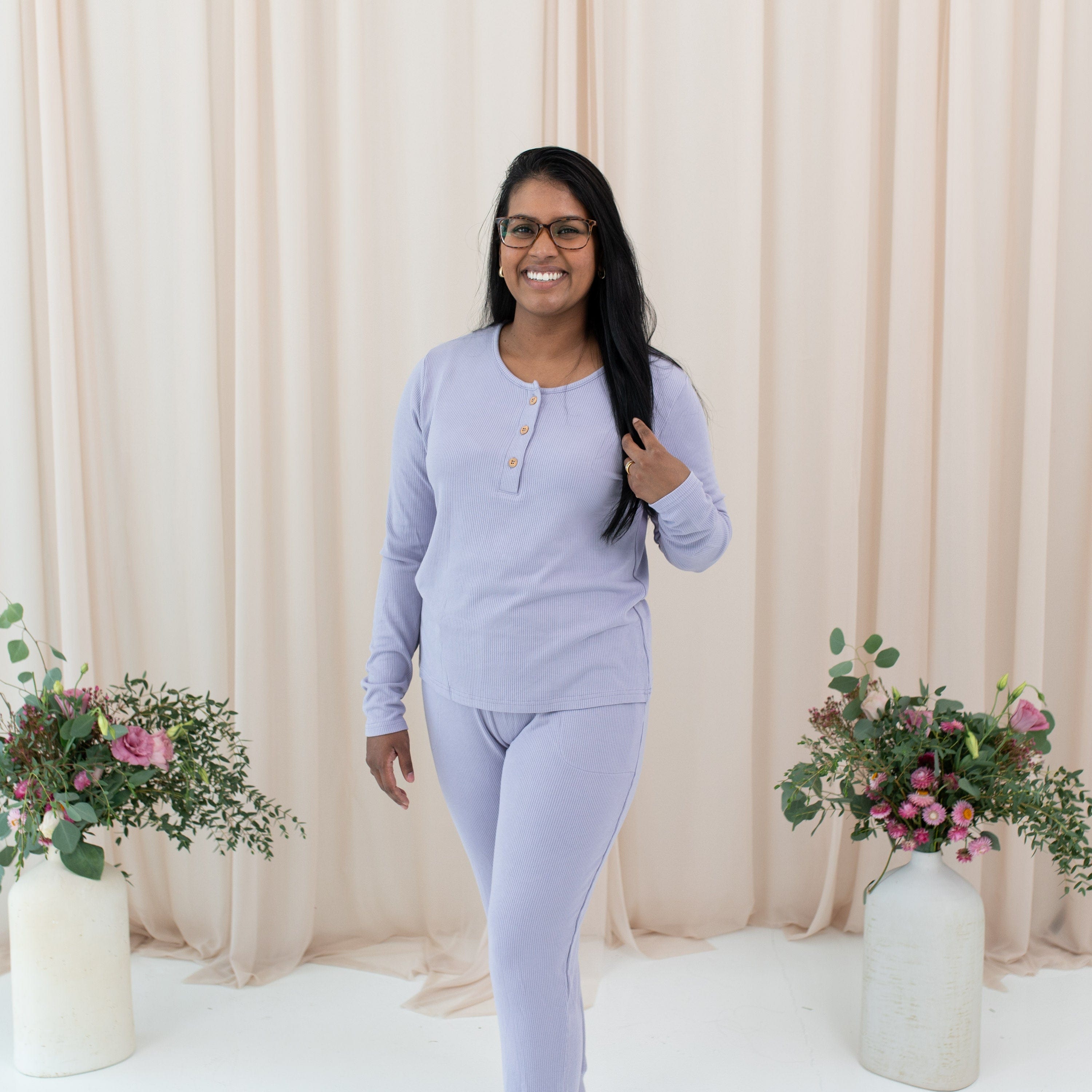 Woman wearing Kyte Baby Women's Ribbed Henley Top in Taro