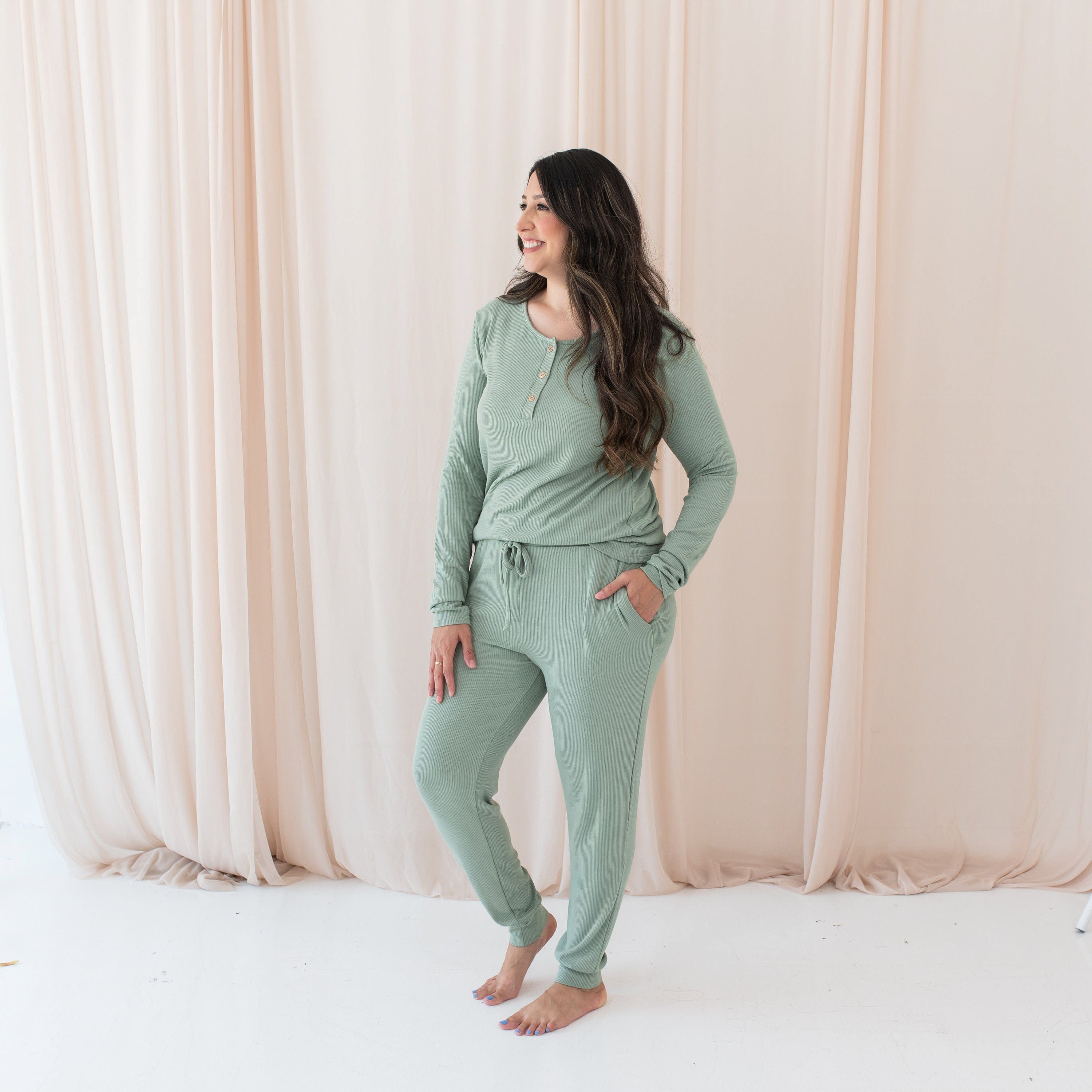 Thyme green Women's Ribbed Henley Top and matching joggers
