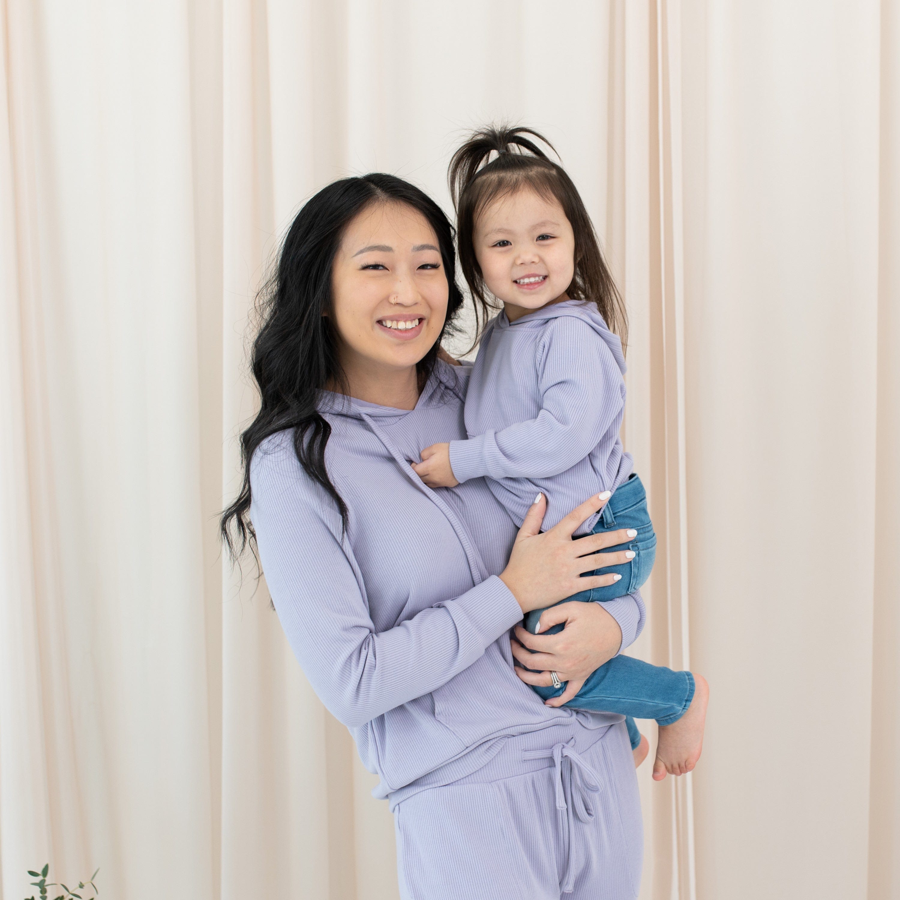 Mom and Daughter in matching Ribbed Hoodies in Taro purple