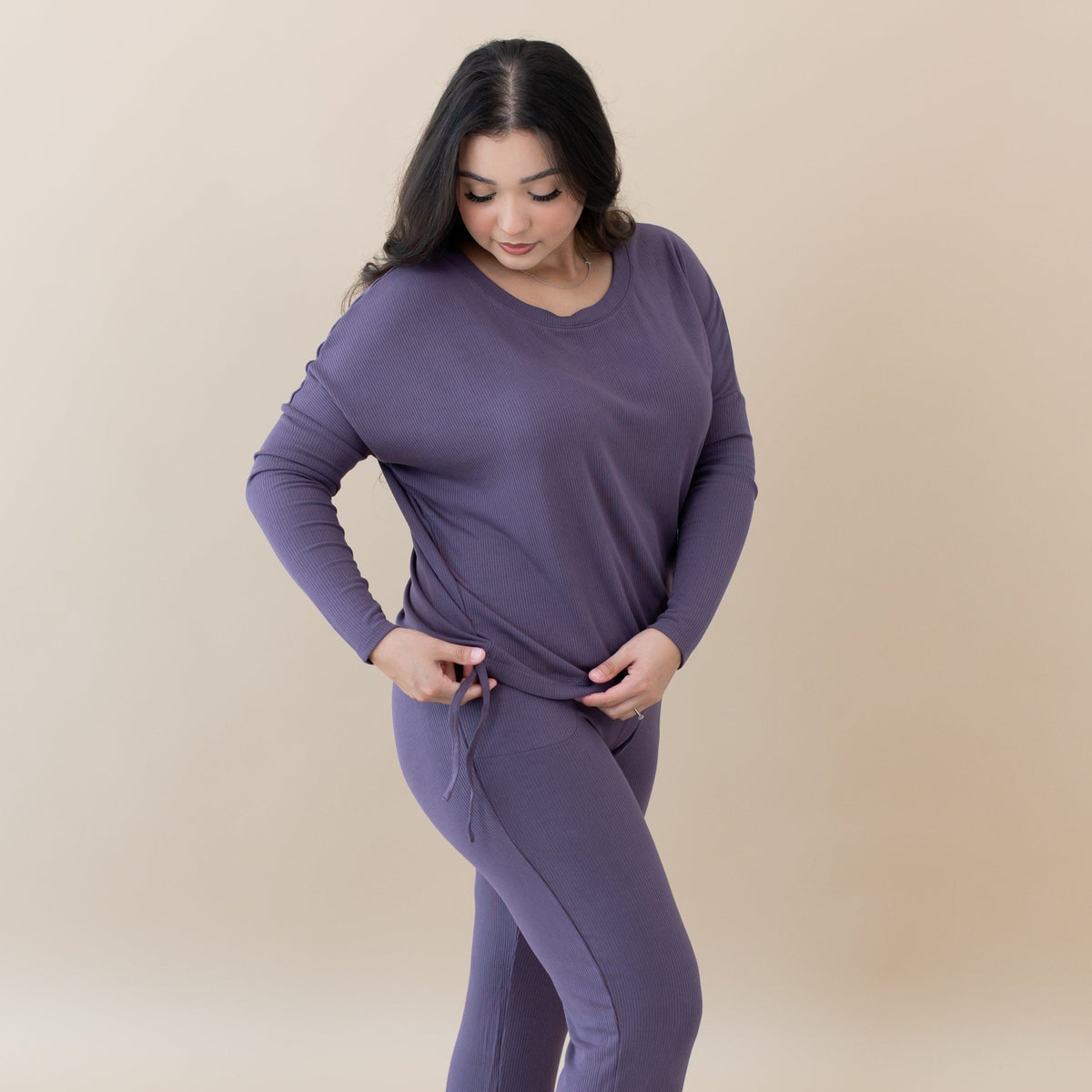 Drawstring Hem on Kyte Baby Women's Ribbed Long Sleeve Drop Shoulder Top in Currant purple