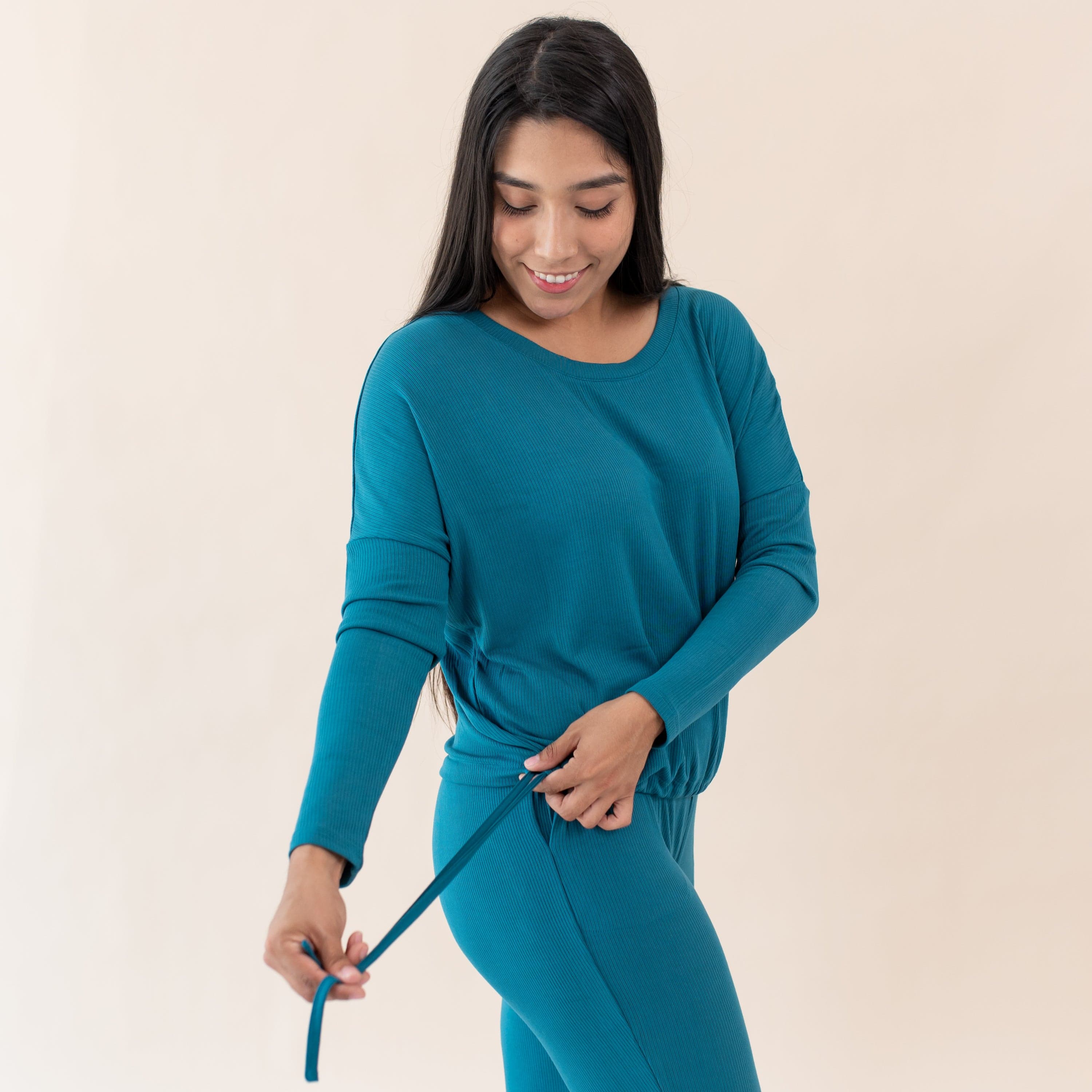 Drawstring Hem on Kyte Baby Women's Ribbed Long Sleeve Drop Shoulder Top in Loch