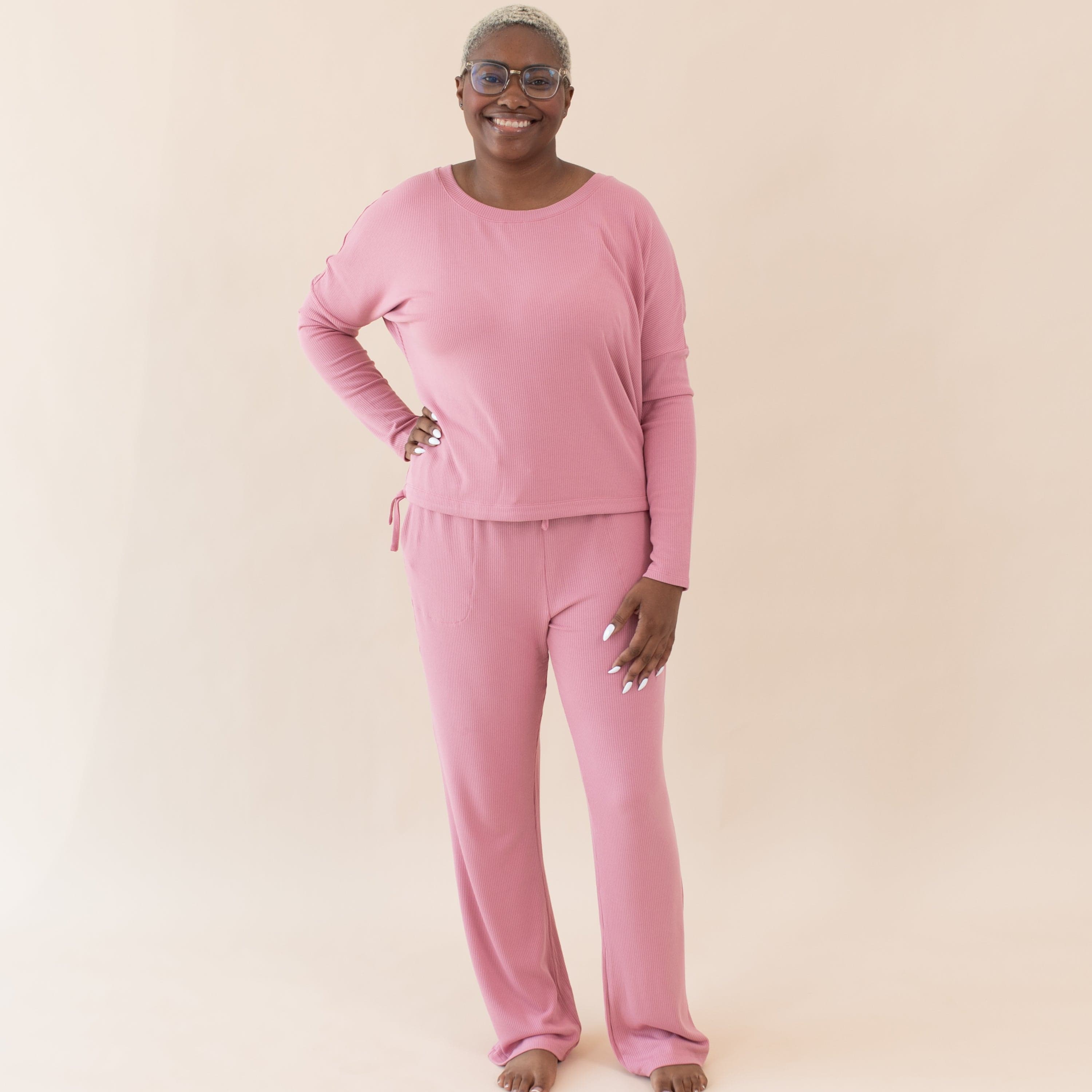 Woman wearing Women's Ribbed High Waisted Wide Leg Pant in Apple Blossom with matching top