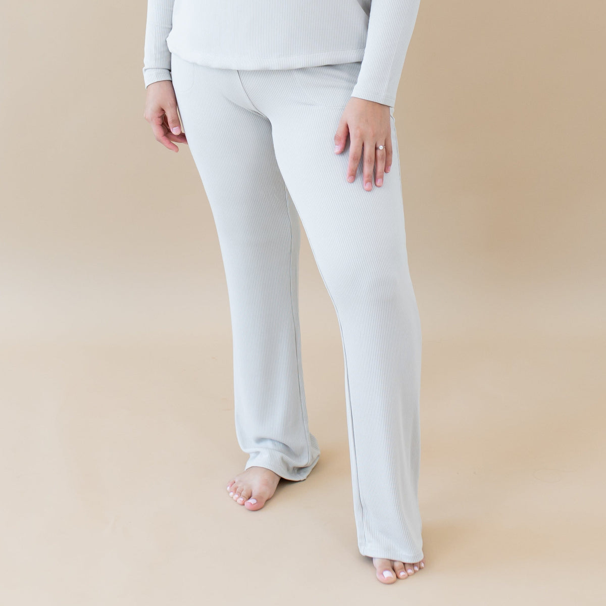 Woman wearing neutral Women's Ribbed High Waisted Wide Leg Pant in Oat