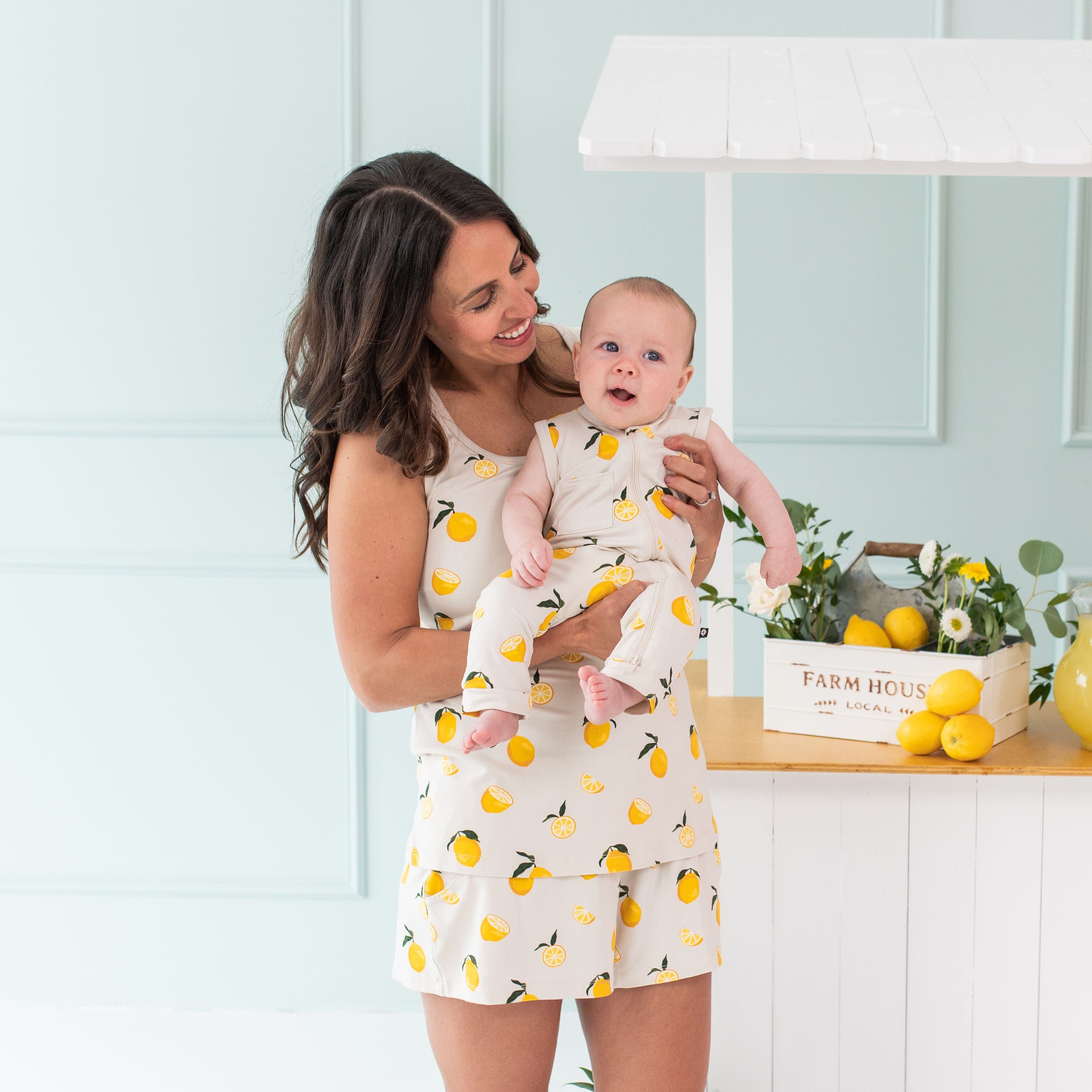 Kyte Baby Women’s Tank Set Women’s Tank Set in Lemon with baby in matching Lemon outfit
