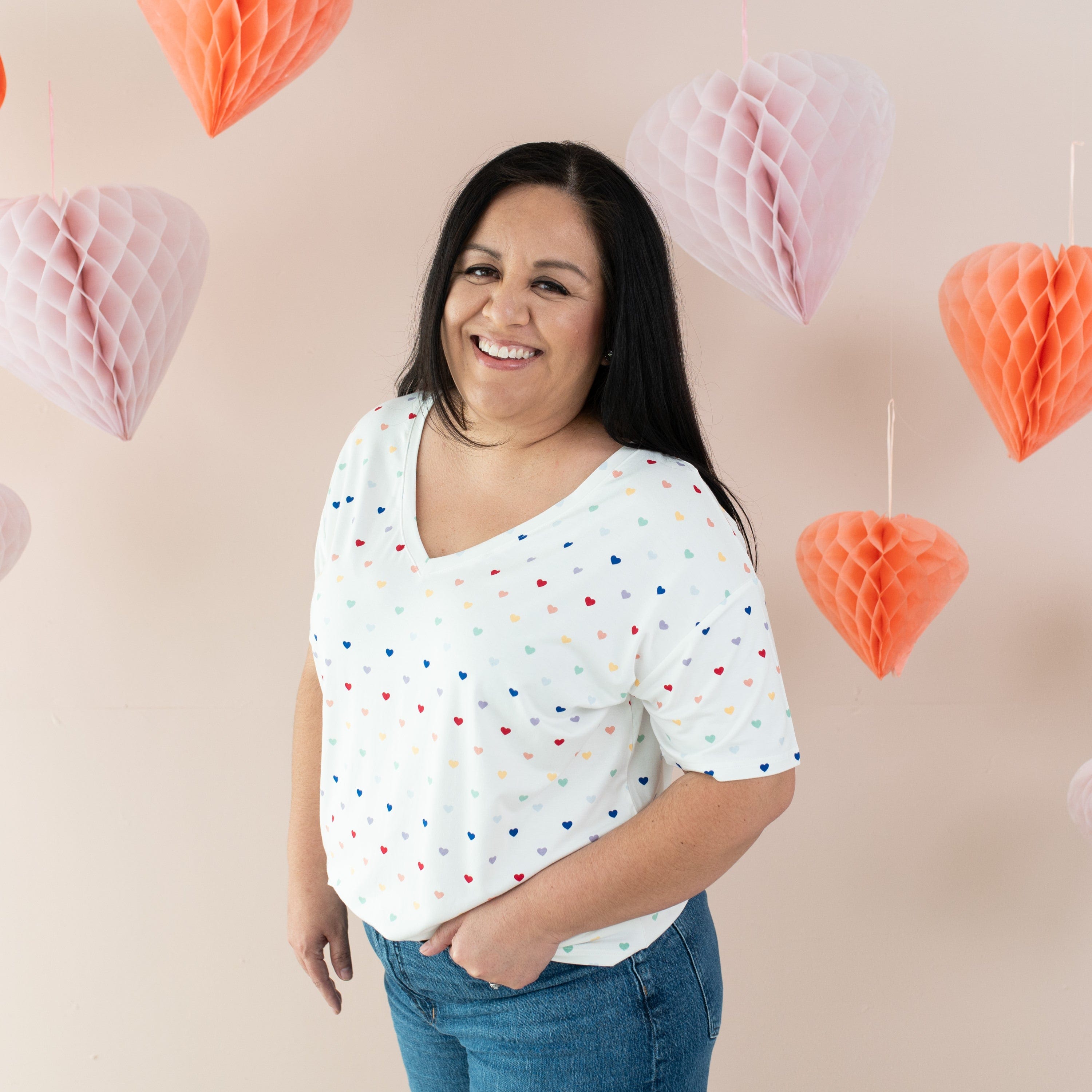 Kyte Baby Women's V-Neck Women’s Relaxed Fit V-Neck in Cloud Rainbow Heart