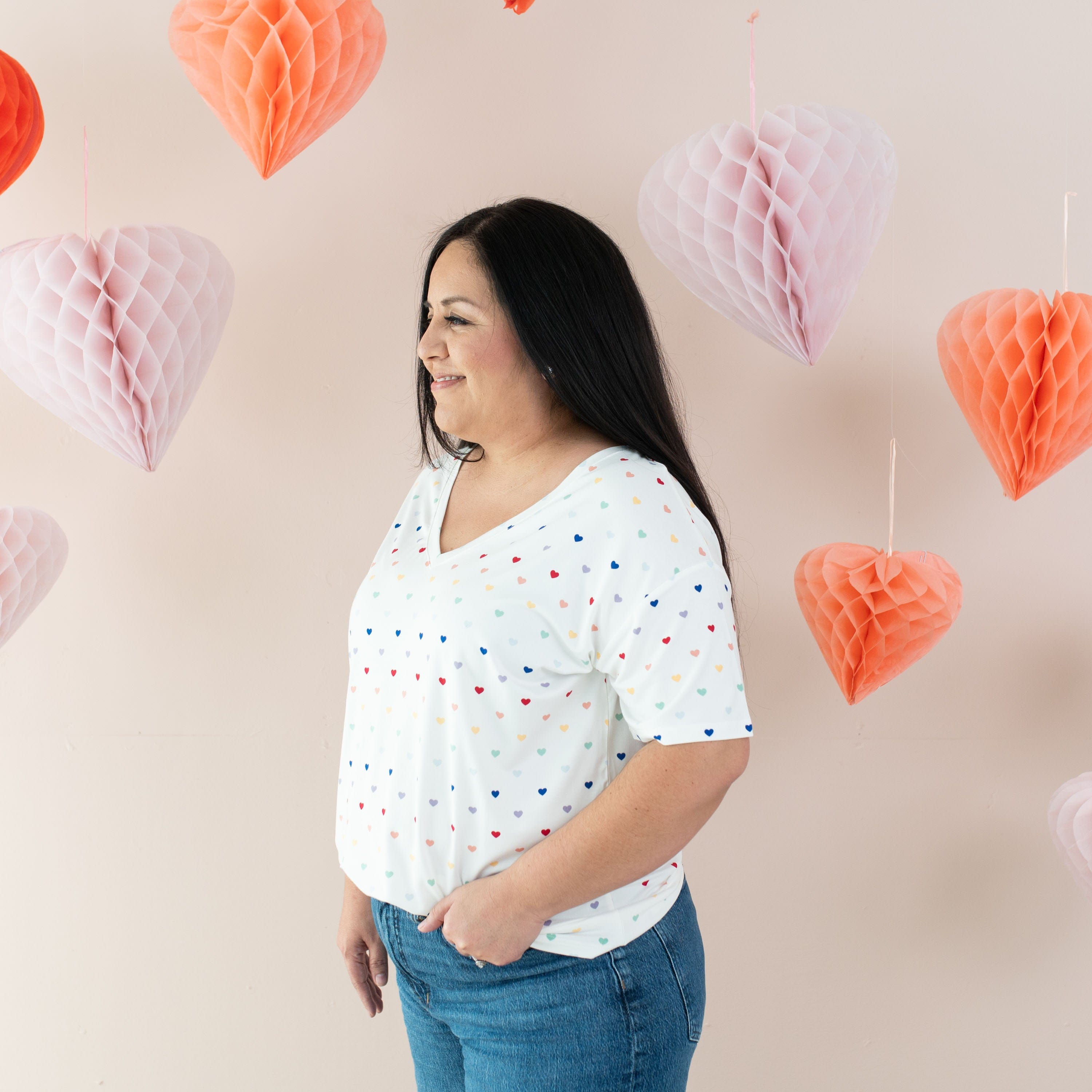Kyte Baby Women's V-Neck Women’s Relaxed Fit V-Neck in Cloud Rainbow Heart