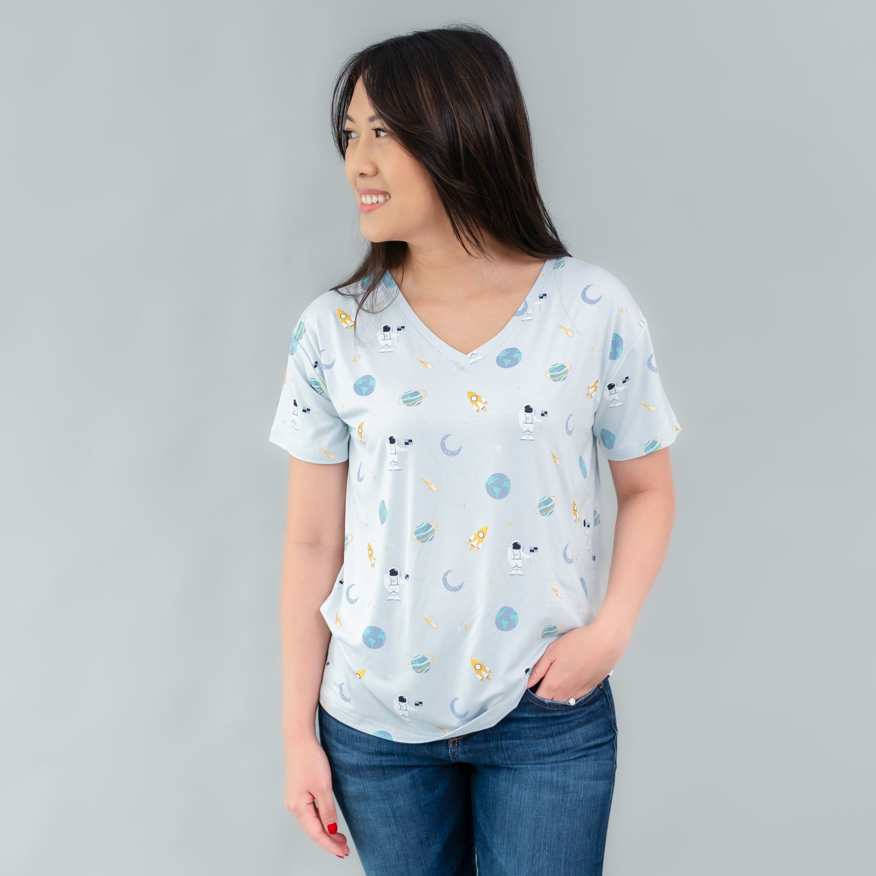 Woman wearing Kyte Baby Women's Relaxed Fit V-Neck tee in Ice Space