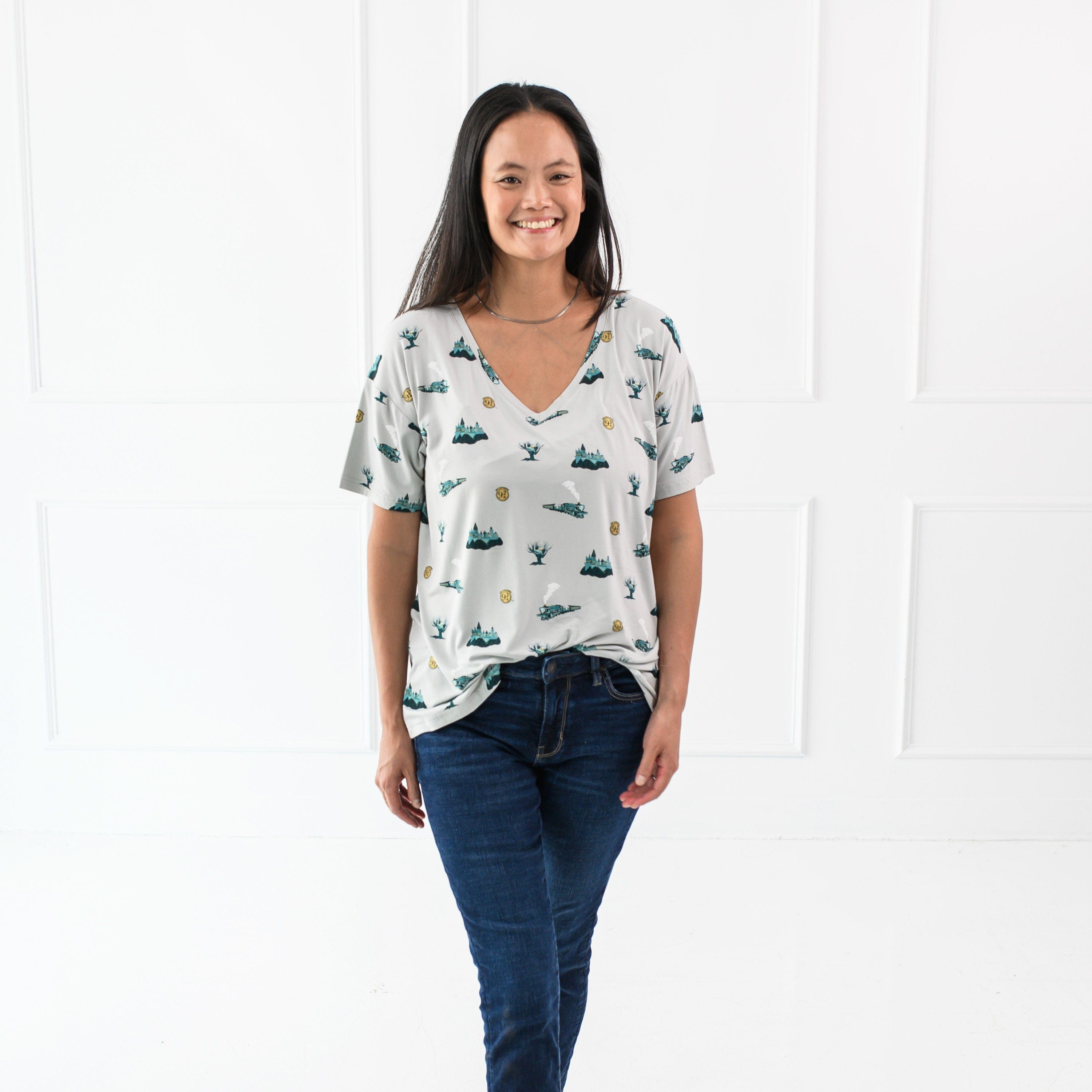 Woman wearing Kyte Baby Women's Relaxed Fit V-Neck in Journey