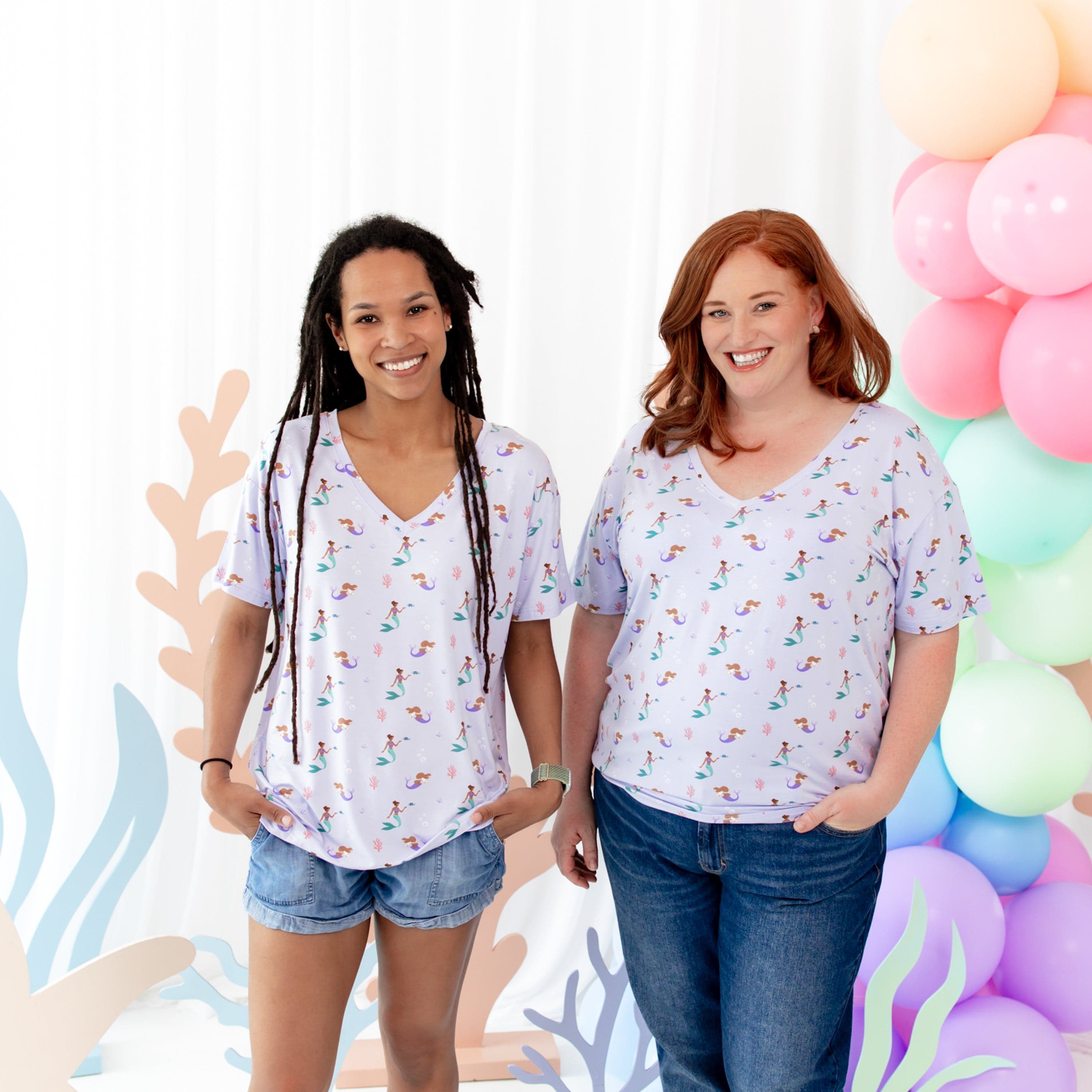 Women wearing Kyte Baby Women's Relaxed Fit V-Neck shirts in Mermaid