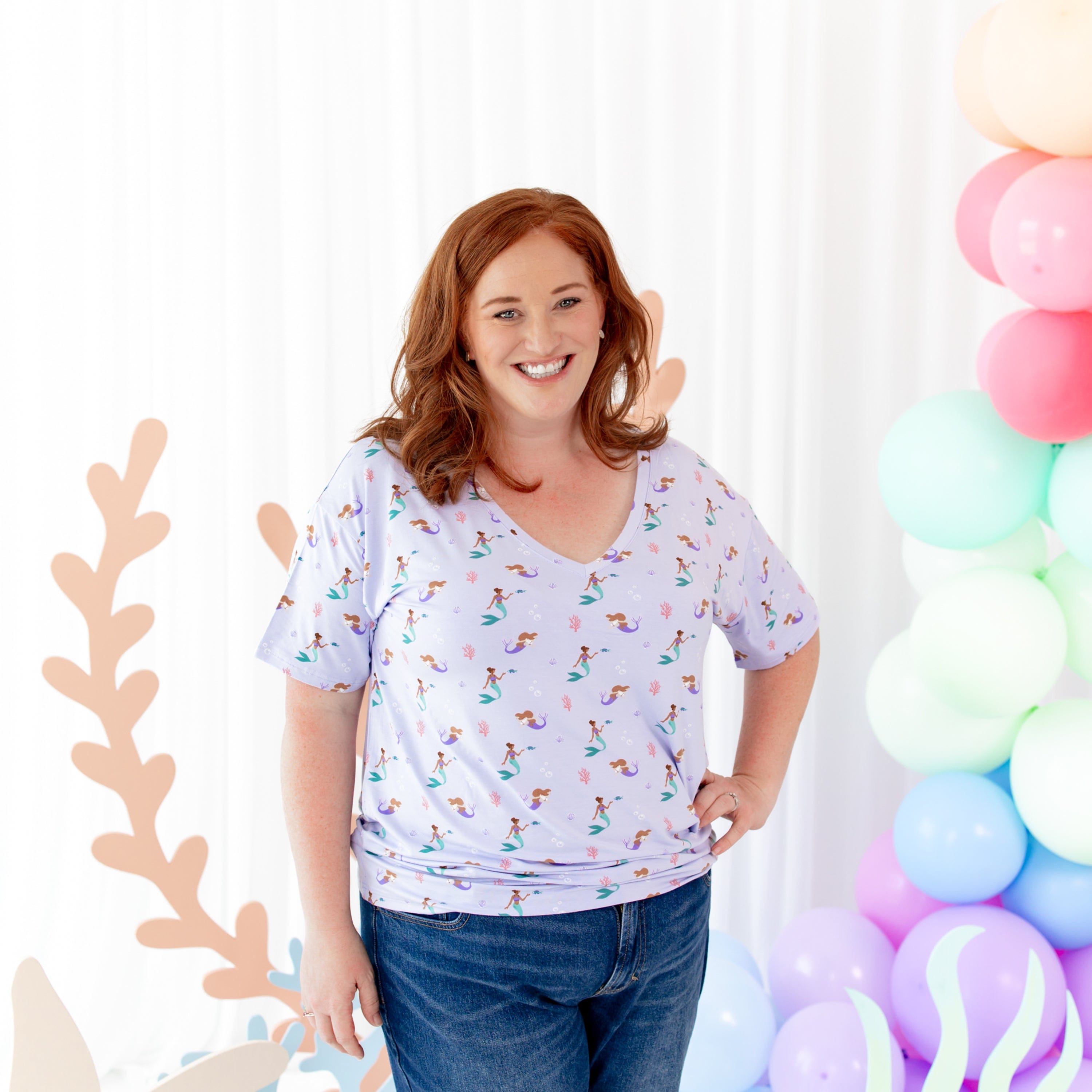 Woman wearing Kyte Baby Women's Relaxed Fit V-Neck in Mermaid