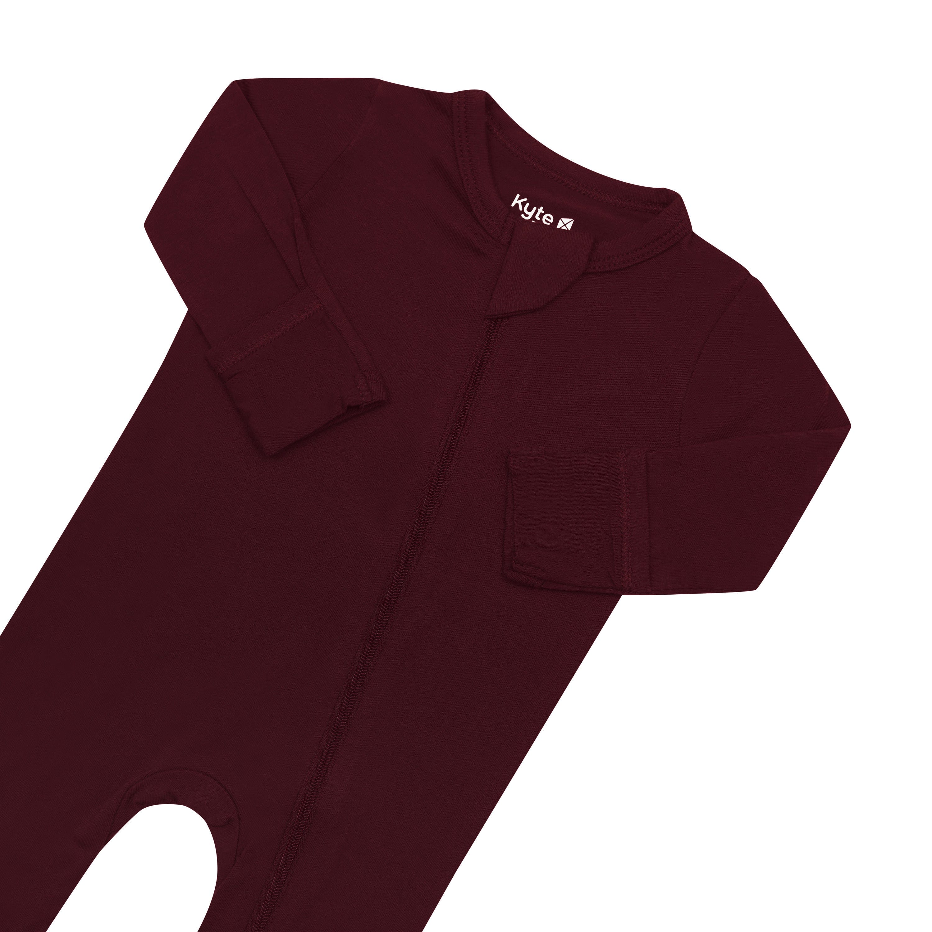 Zipper garage and fold over hand cuffs on the Zippered Footie in Burgundy