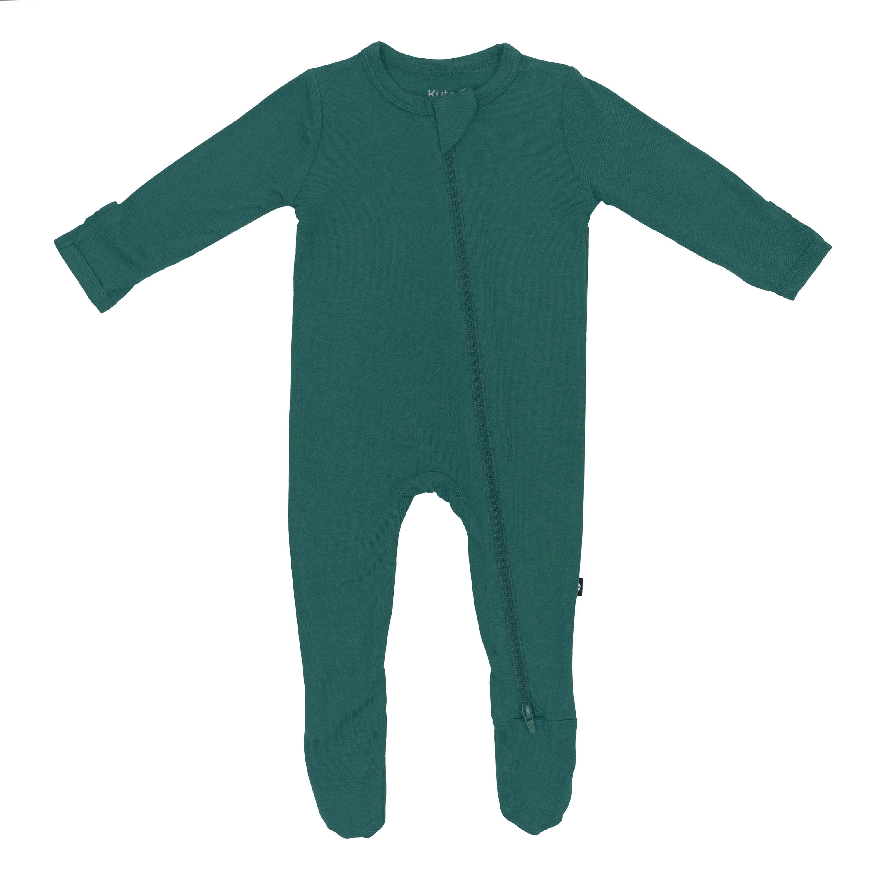 Flat lay of Kyte Baby Zippered Footie in Emerald