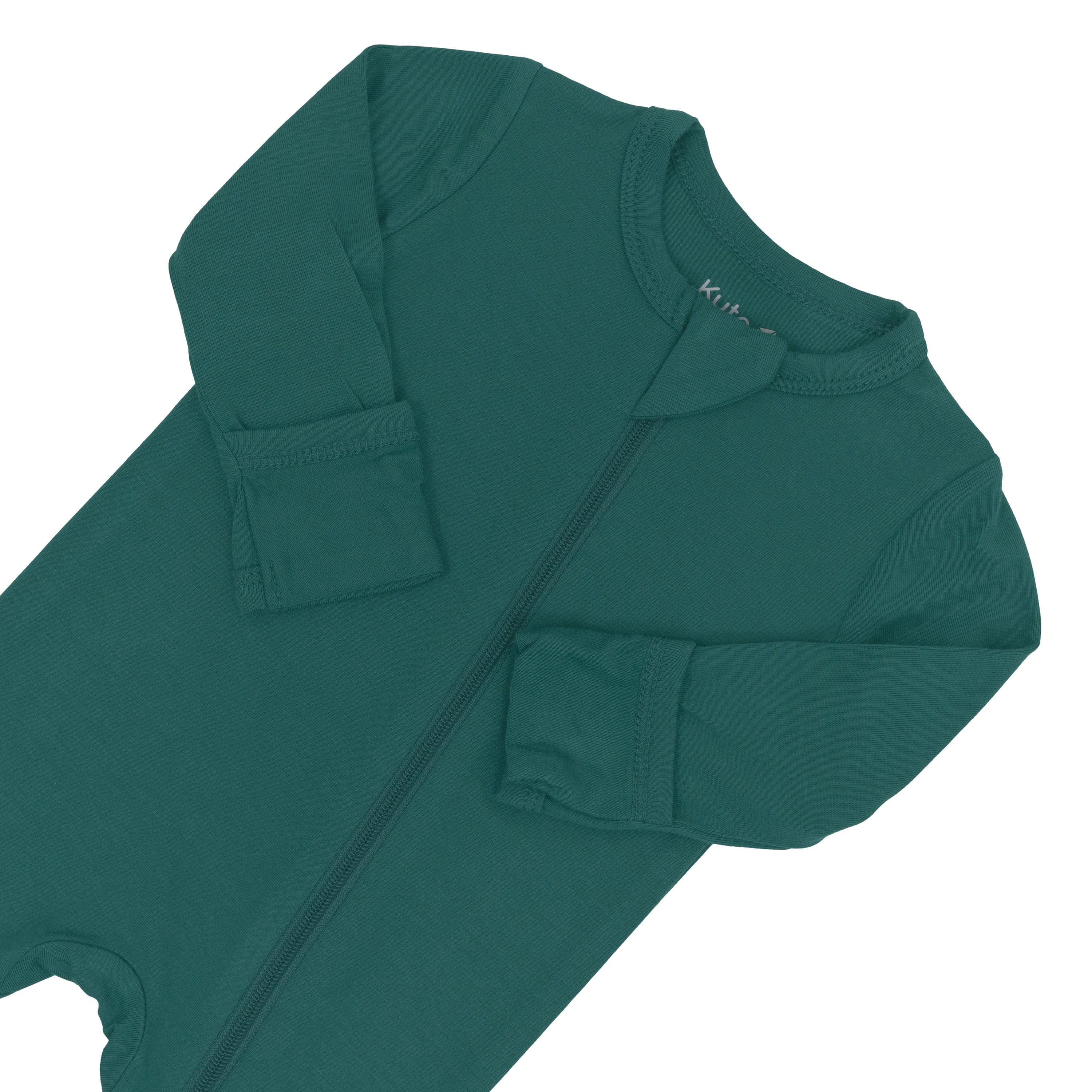 Zipper garage and fold over cuffs shown on the Zippered Footie in Emerald
