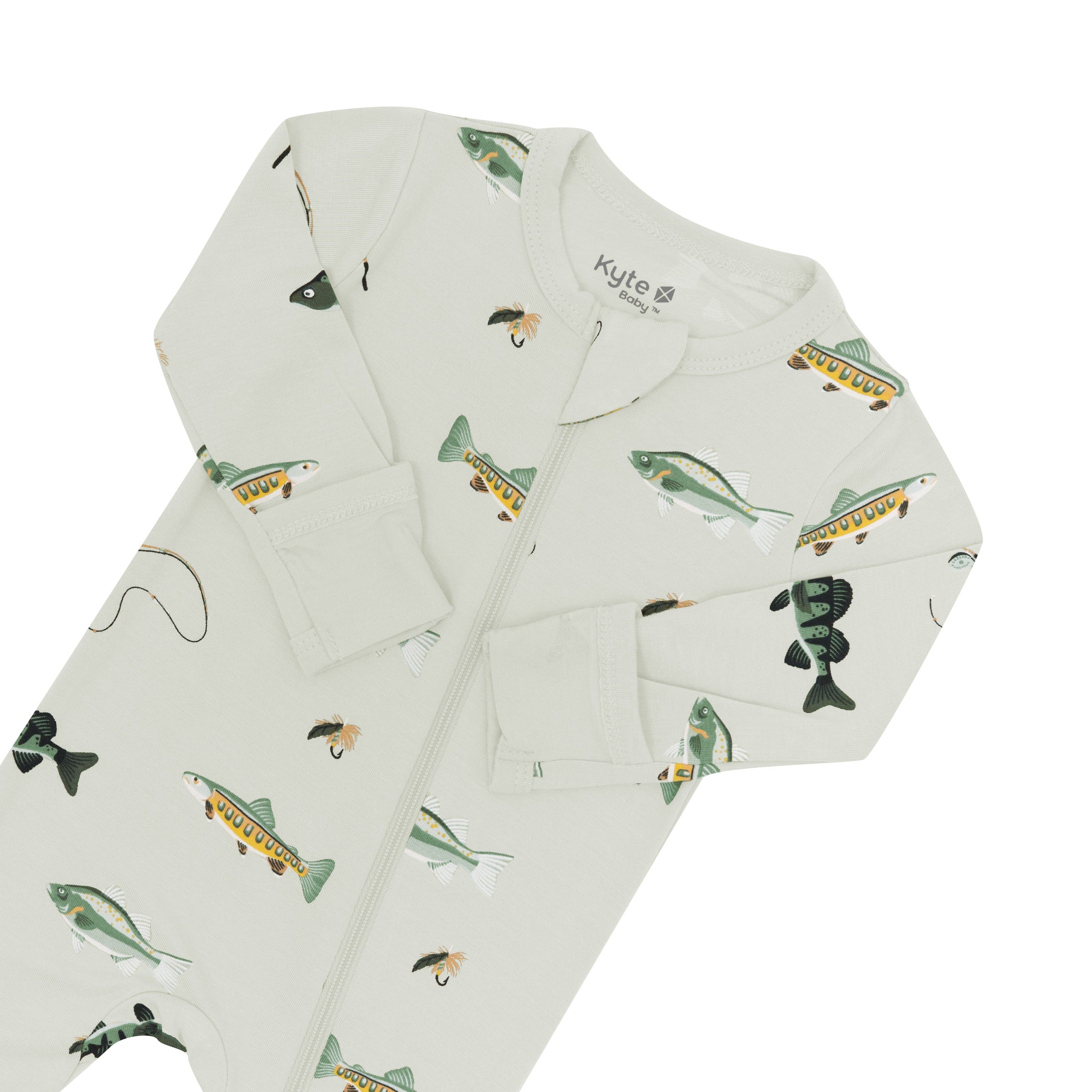 Zipper garage and fold over cuffs on the Zippered Footie in Fishing