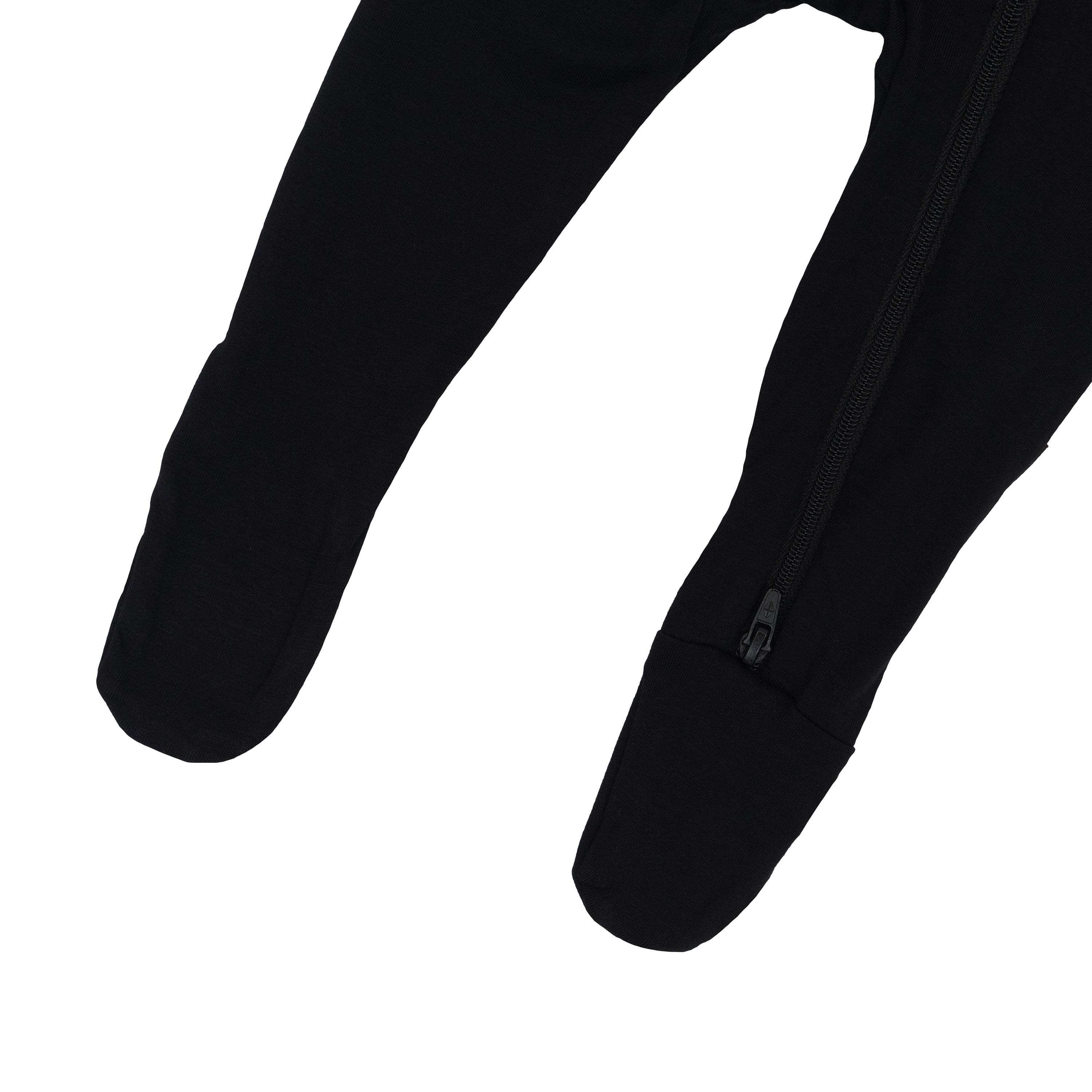 Close of up legs and bottom zipper on Zippered Footie in Midnight
