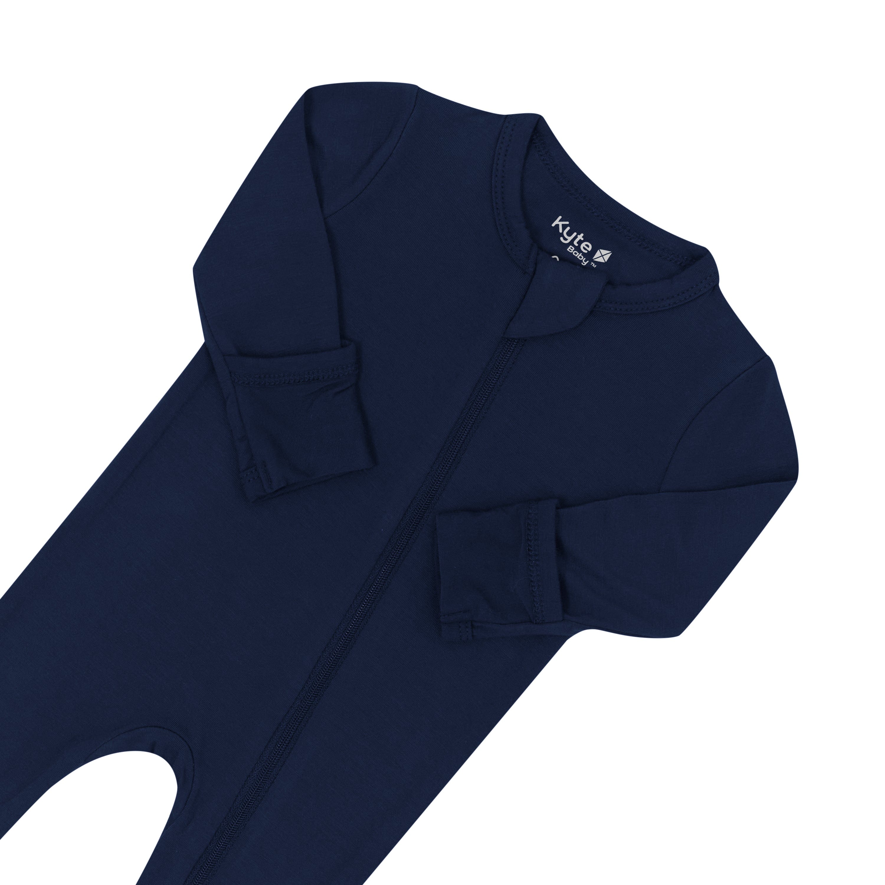 Zipper garage and fold over cuffs on the Zippered Footie in Navy