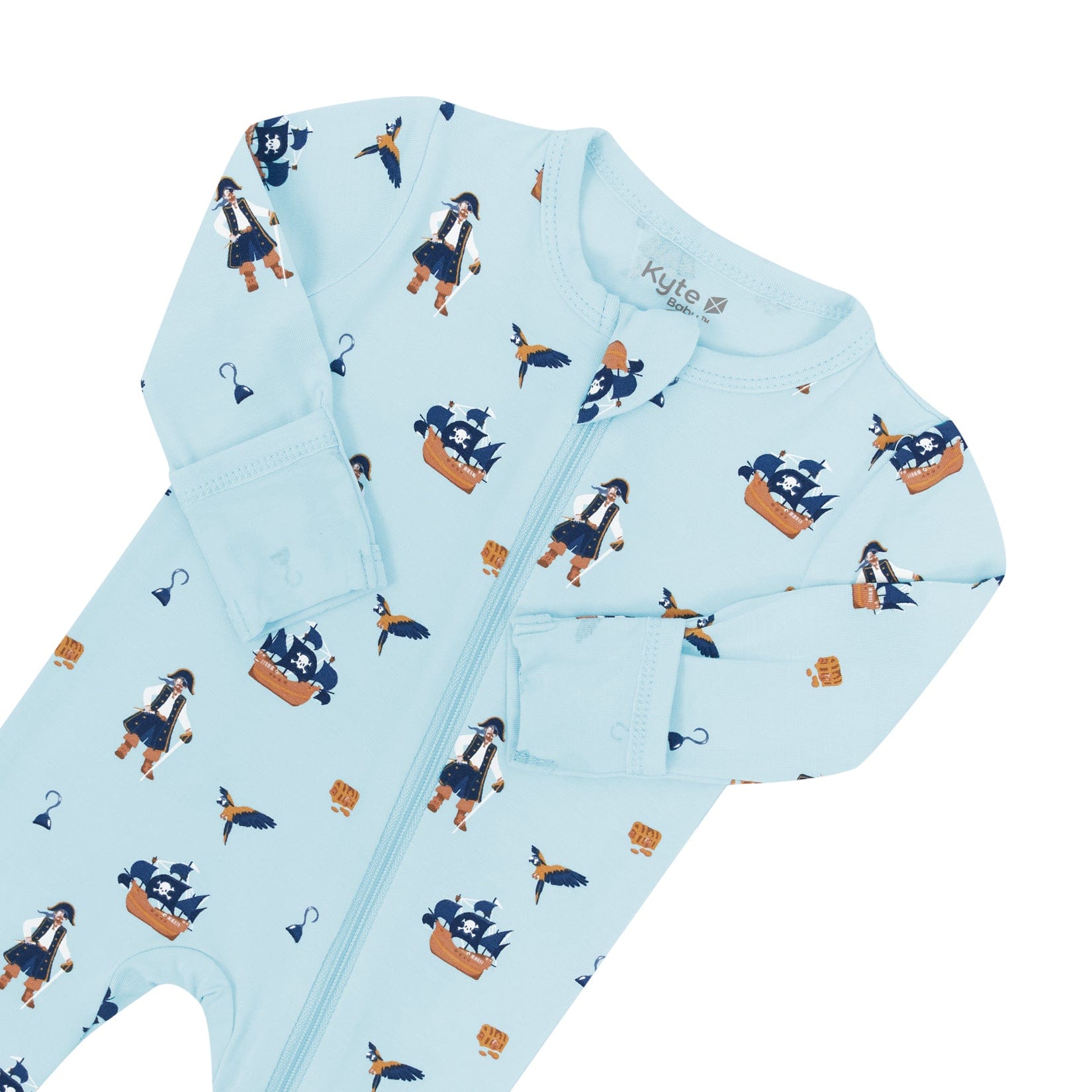 Zipper garage and fold over cuffs on Kyte Baby Zippered Footie in Pirate