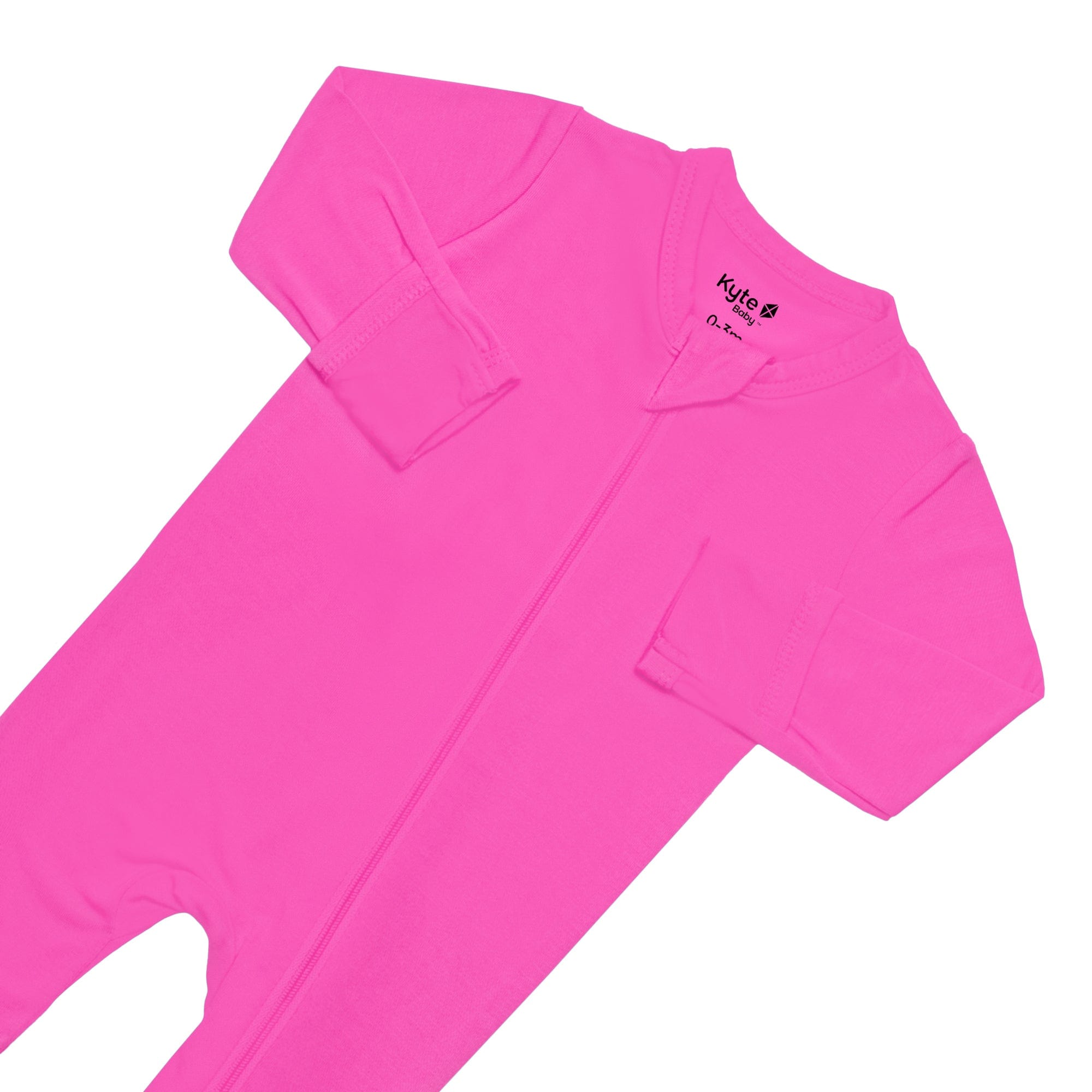 Zipper garage and fold over cuffs on Kyte Baby Zippered Footie in Raspberry
