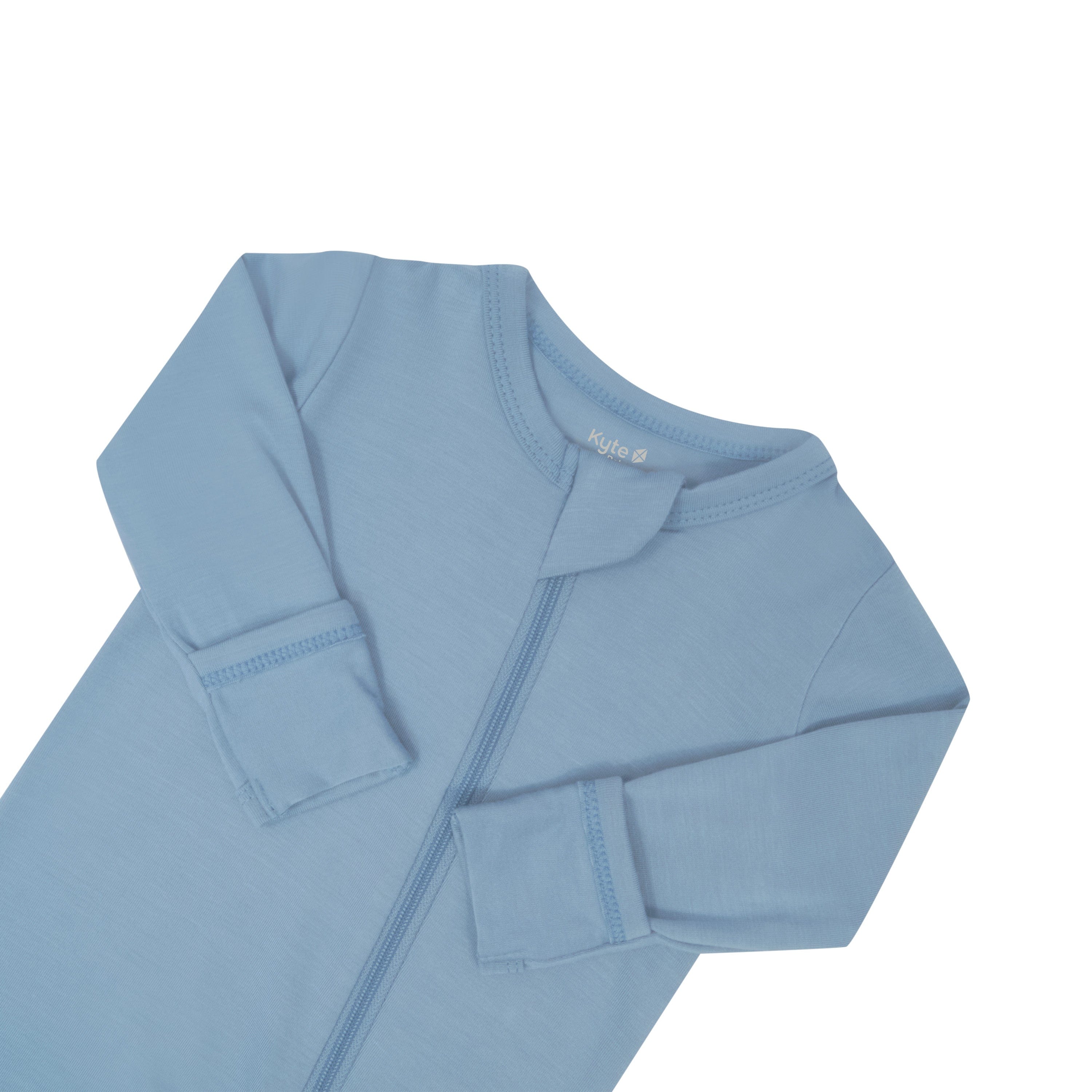 Zipper garage and fold over cuffs on the Zippered Footie in Slate