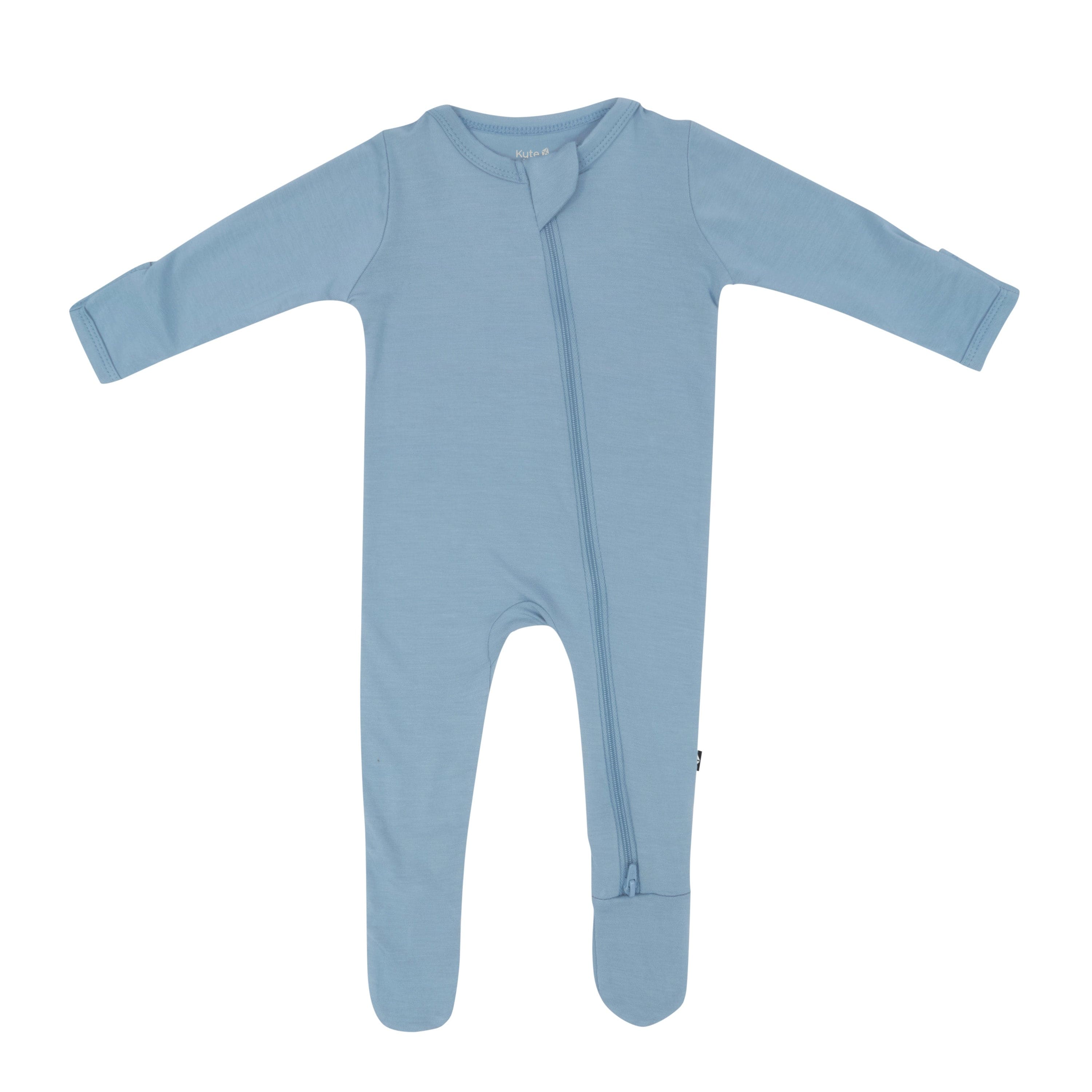 Flat lay of Kyte Baby Zippered Footie in Slate