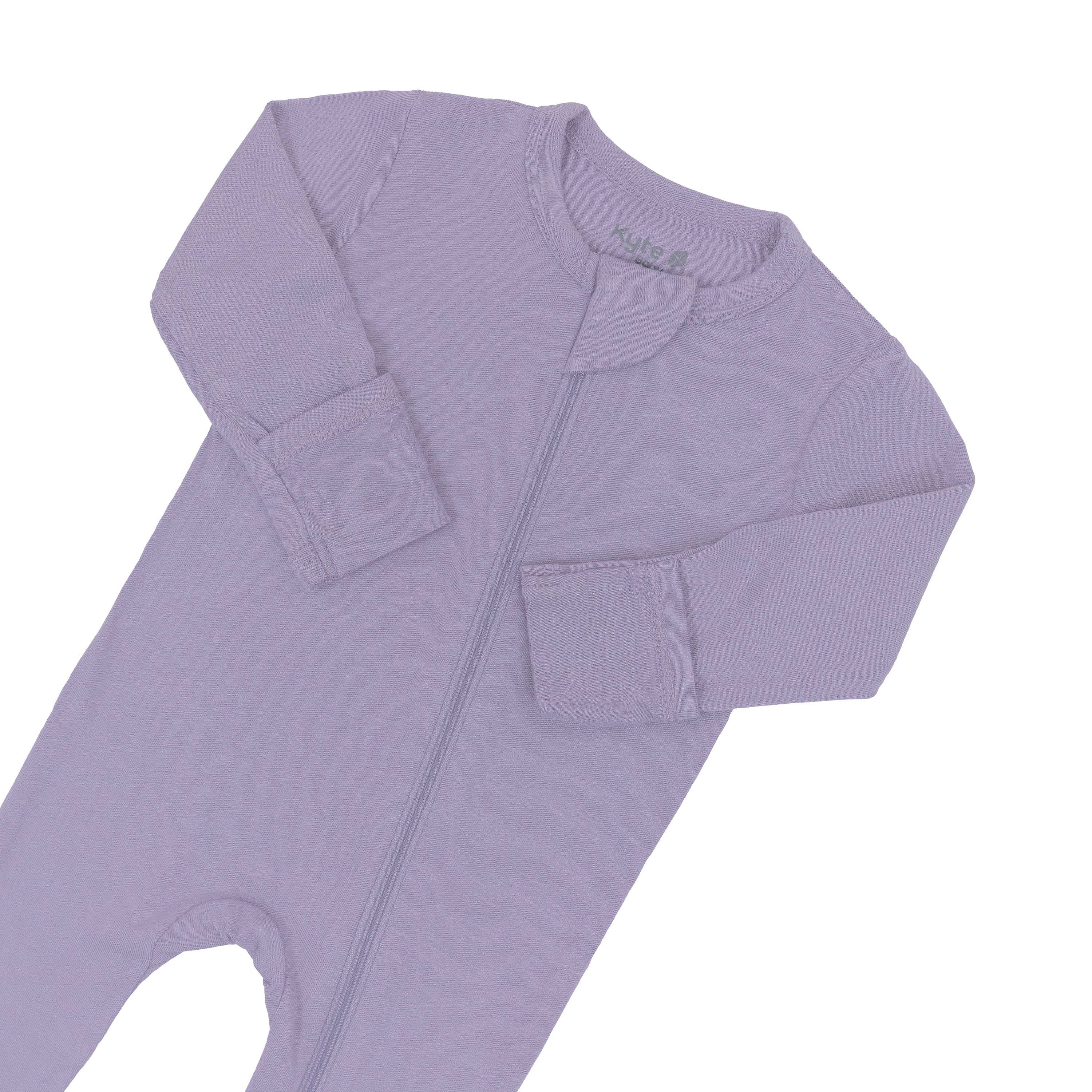 Zipper garage and fold over cuffs on the Zippered Footie in Taro