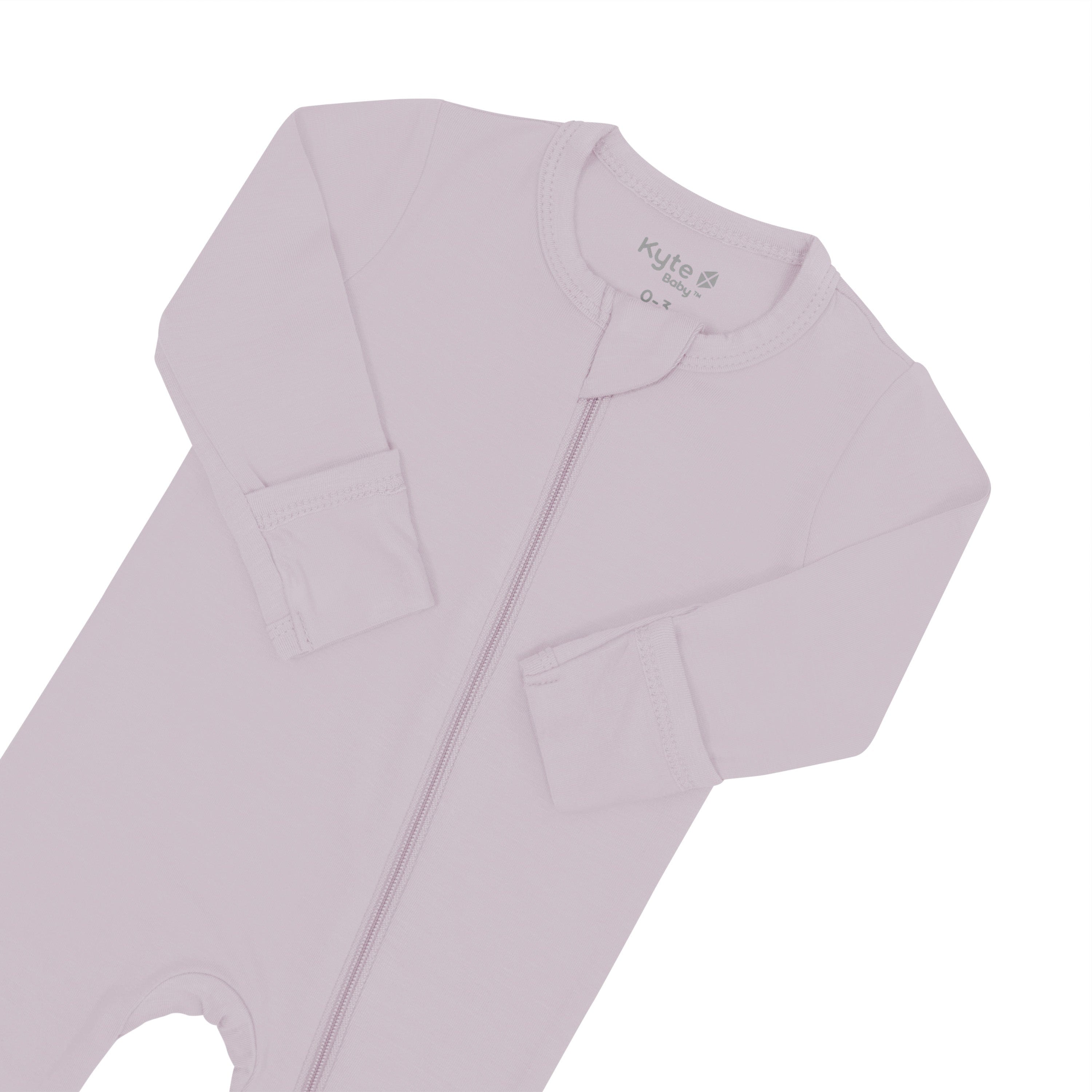 Zipper garage and fold over cuffs on Kyte Baby Zippered Footie in Wisteria