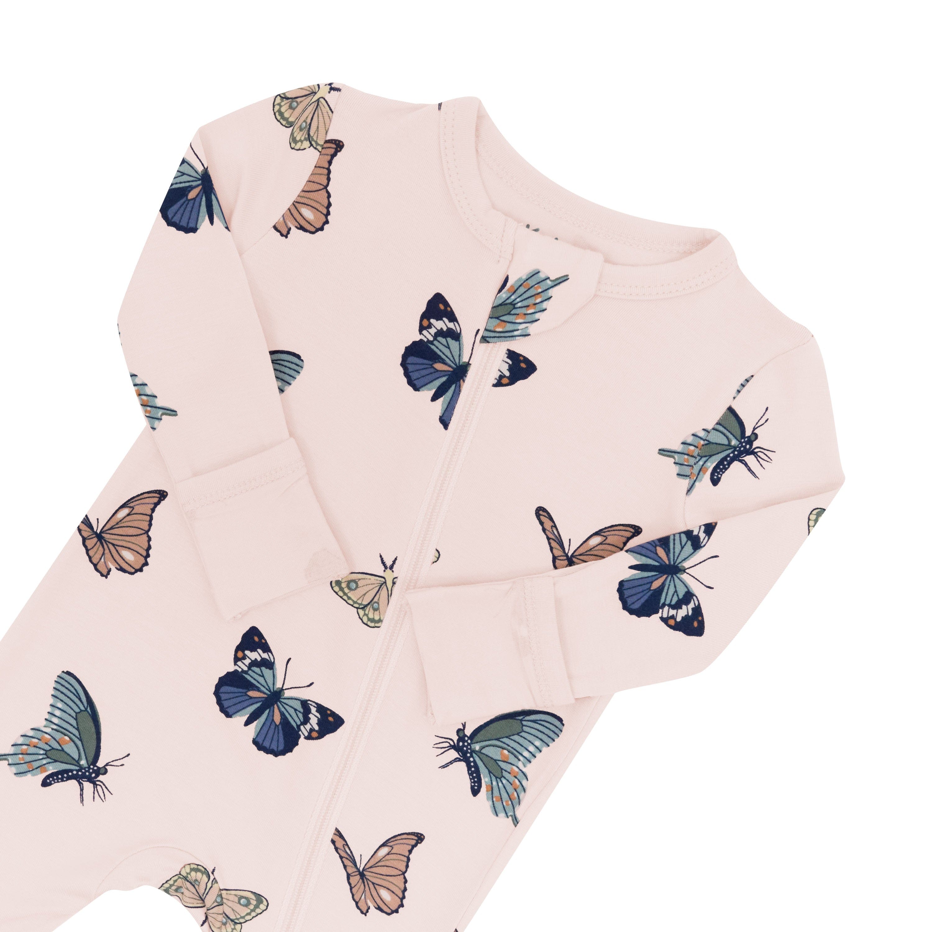 Zipper garage and fold over cuffs on the Zippered Romper in Blush Butterfly