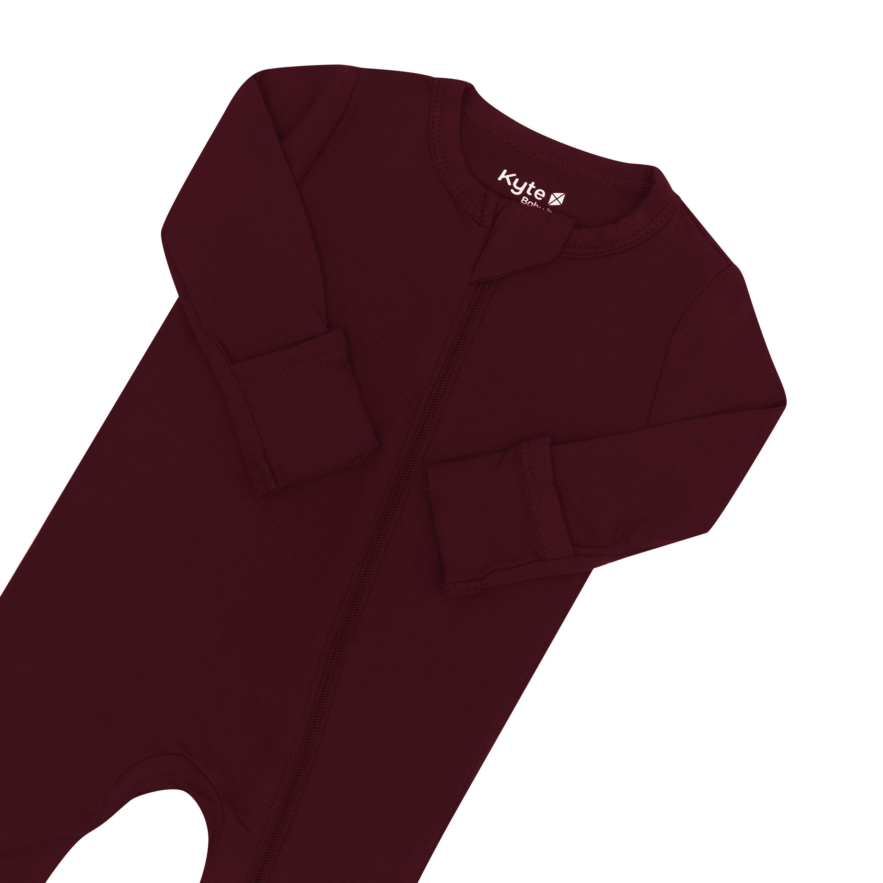 Close up of the zipper garage and fold over hand cuffs on the Zippered Romper in Burgundy