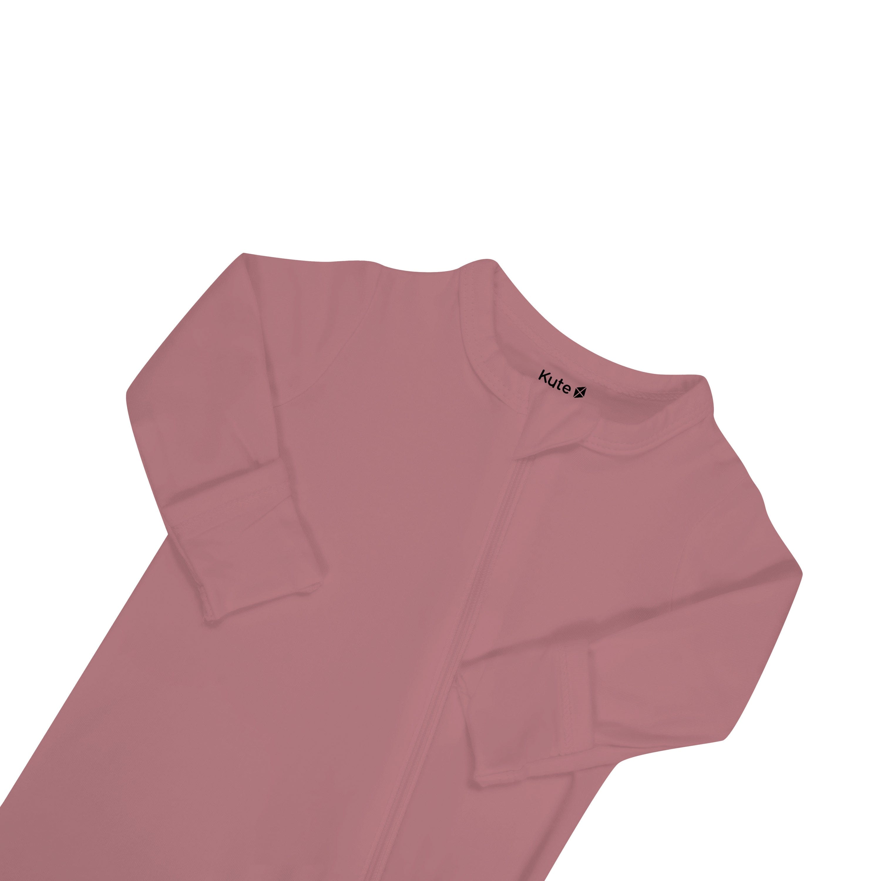 Foldover cuffs and Zipper garage on Kyte Baby bamboo Zippered Romper in Dusty Rose