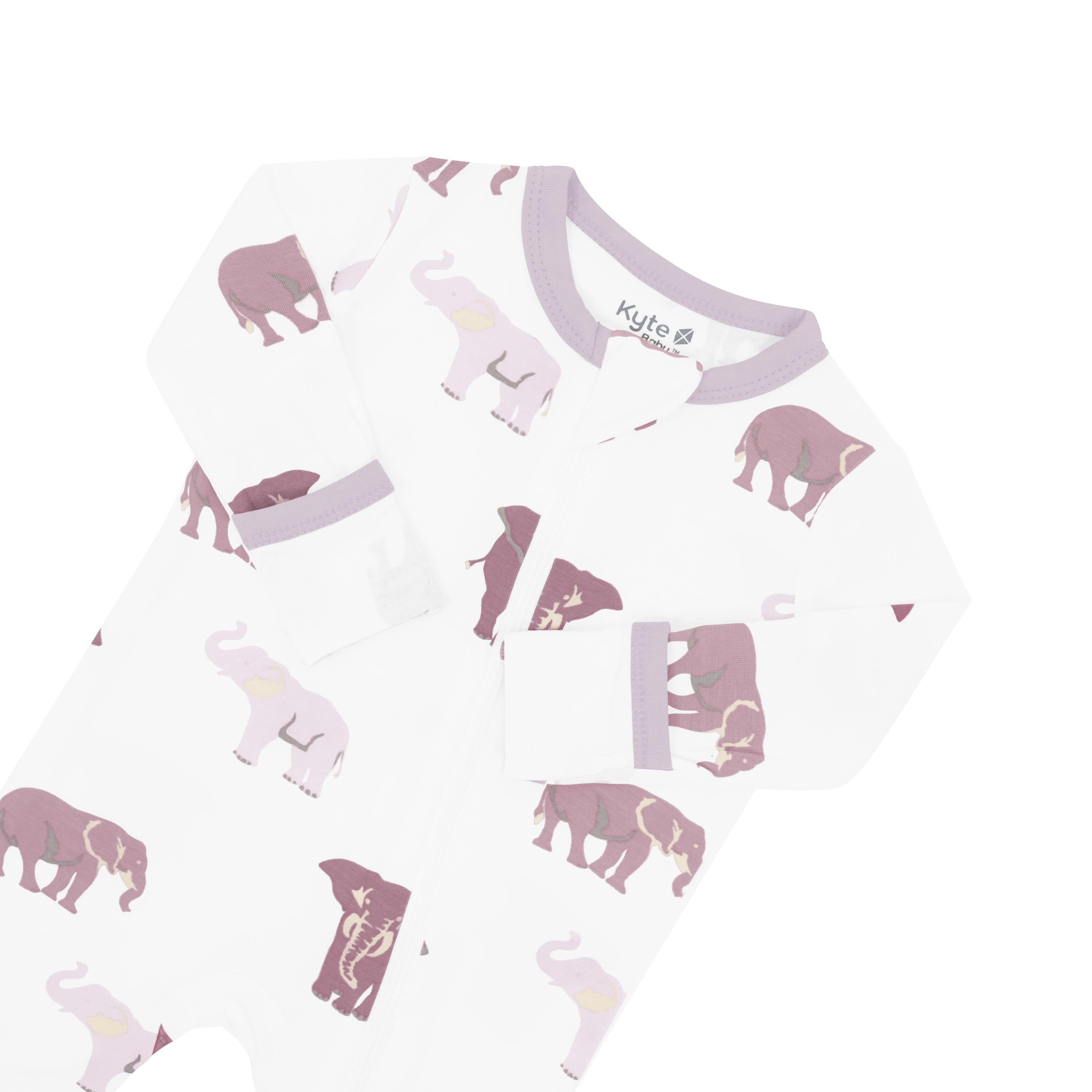 Zipper garage and fold over cuffs on Kyte Baby bamboo Zippered Romper in Elephant