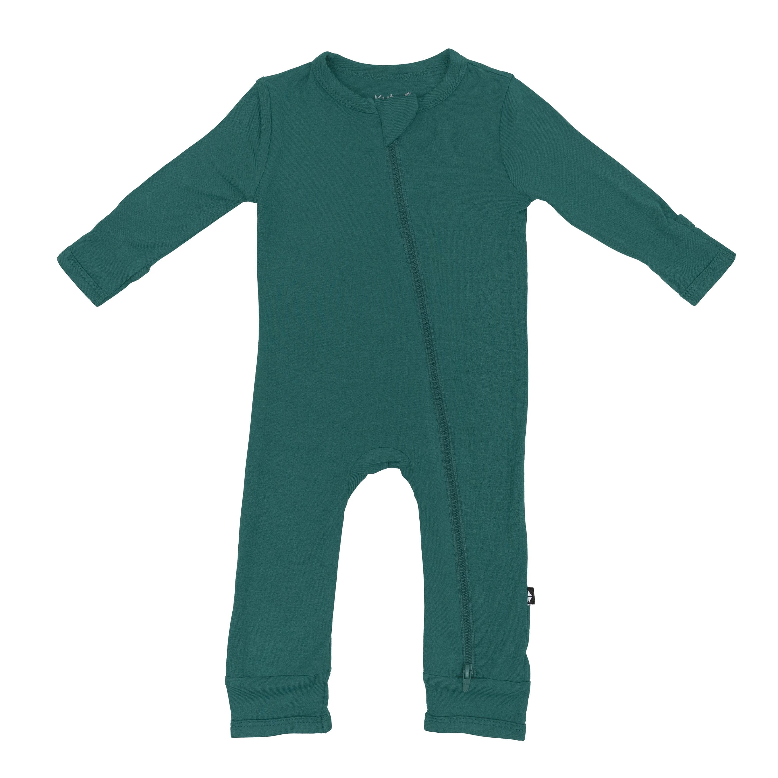 Flat lay of Kyte Baby Zippered Romper in Emerald