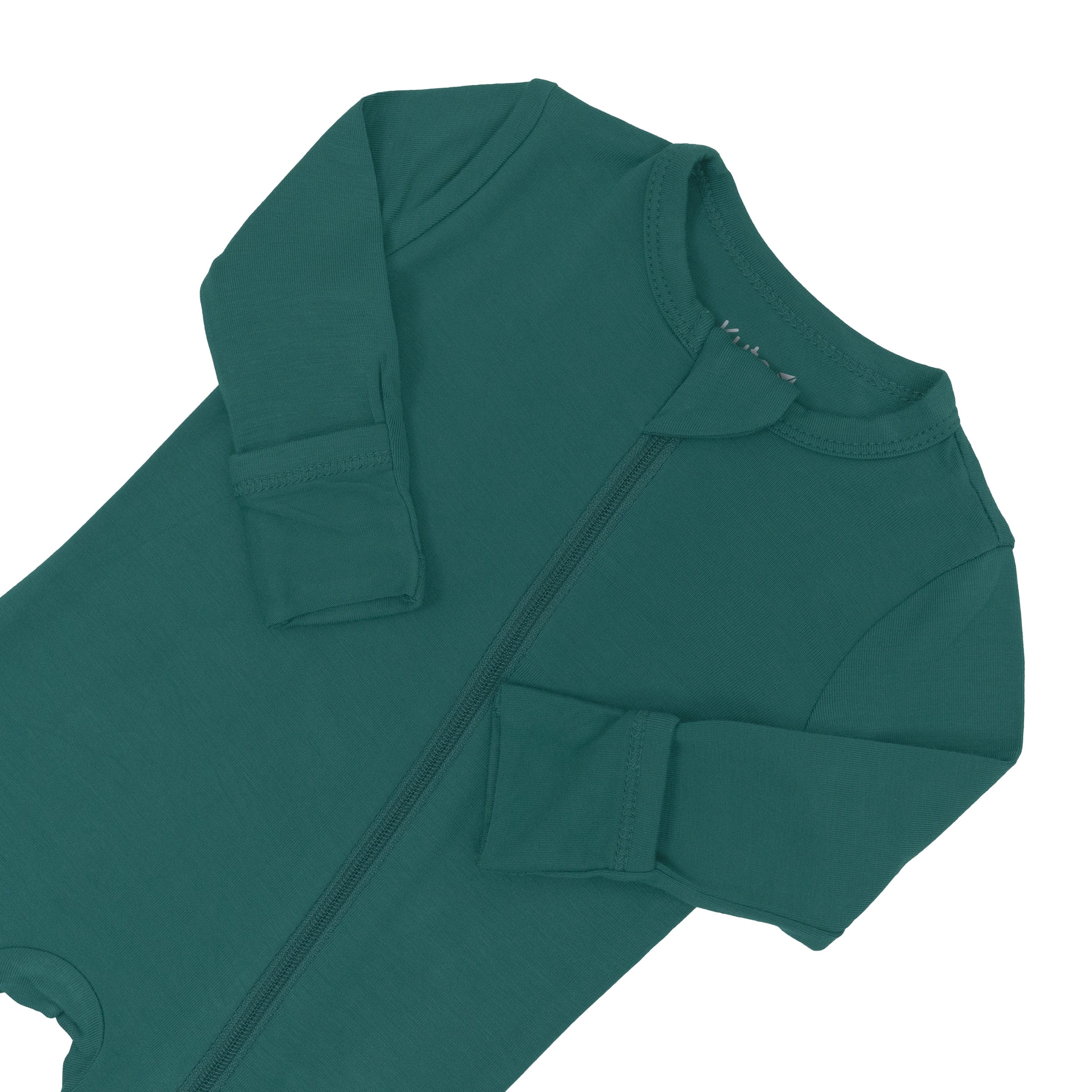 Zipper garage and fold over hand cuffs on Zippered Romper in Emerald