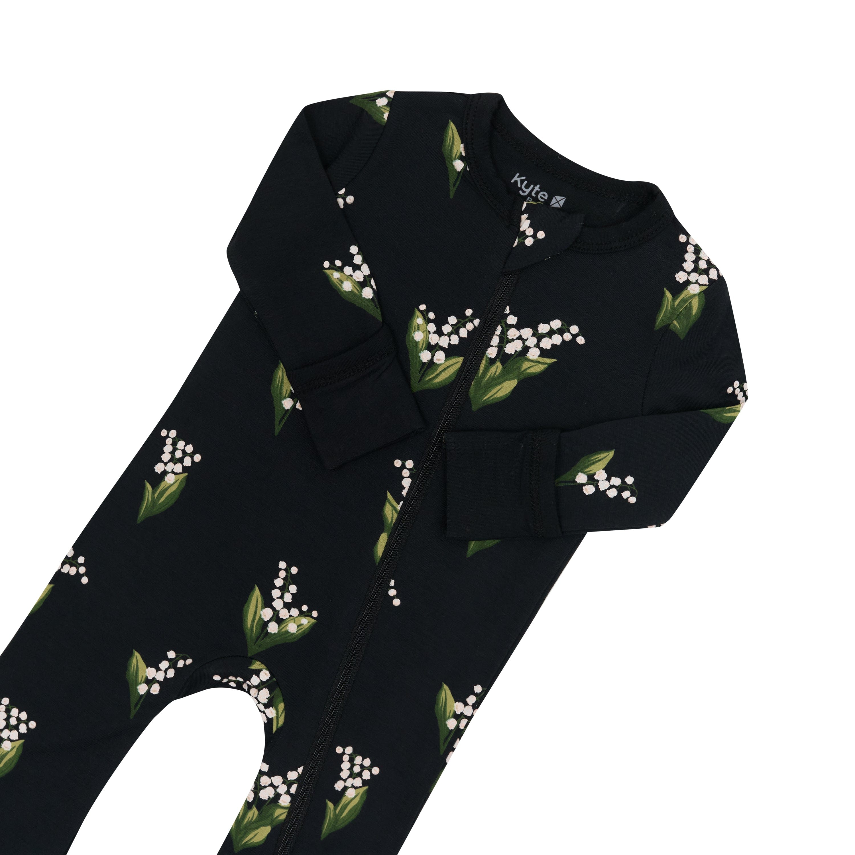 Zipper garage and fold over cuffs on the Zippered Romper in Midnight Lily