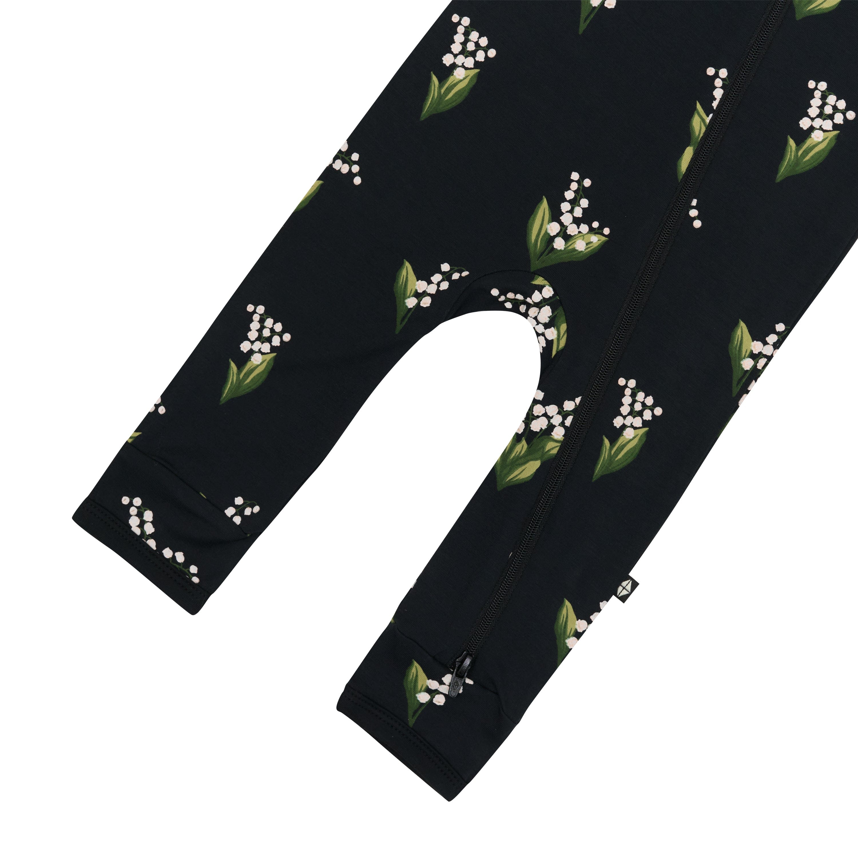 Dual zipper shown on the leg of the Zippered Romper in Midnight Lily