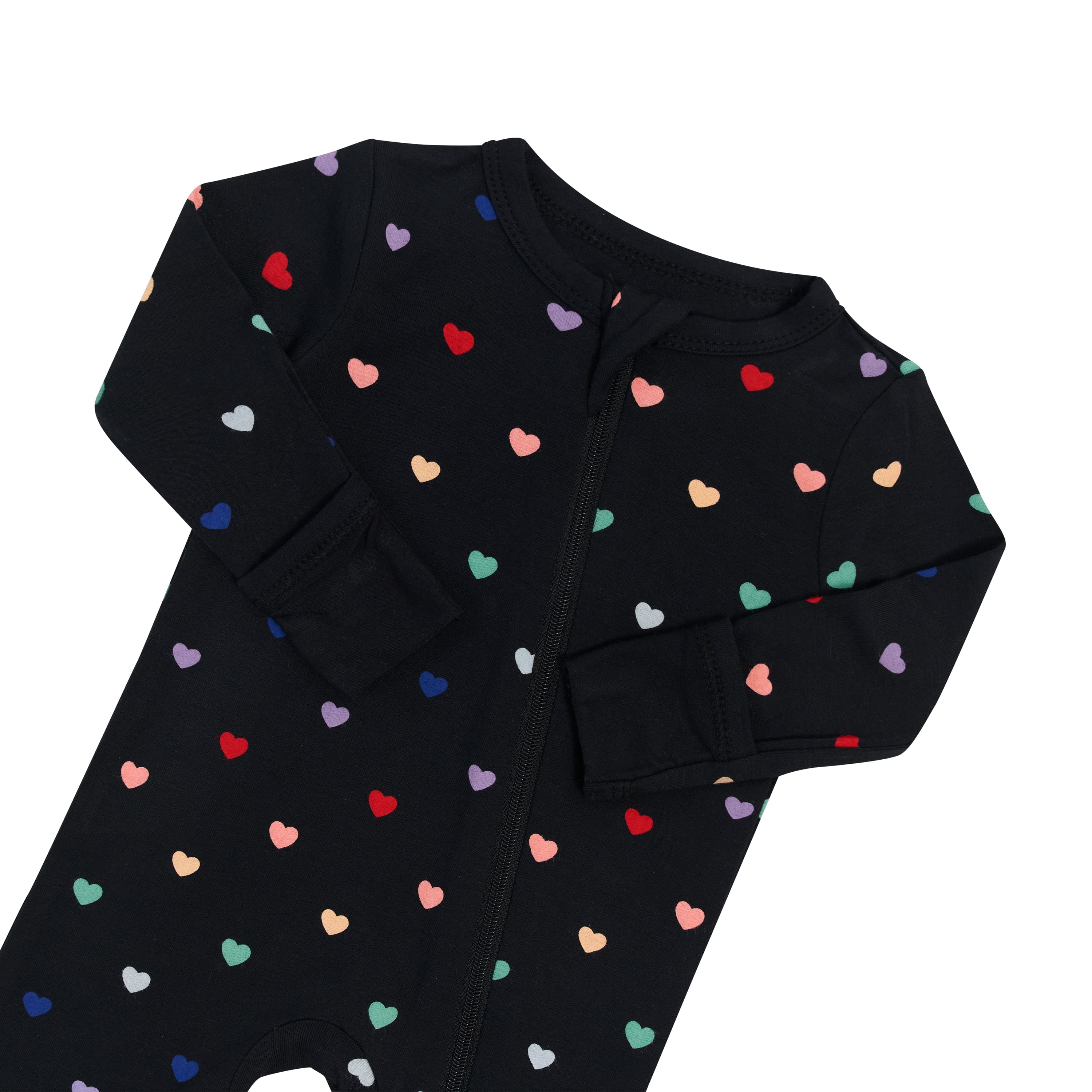 Kyte Baby bamboo Zippered Romper in Midnight Rainbow Heart with foldover cuffs