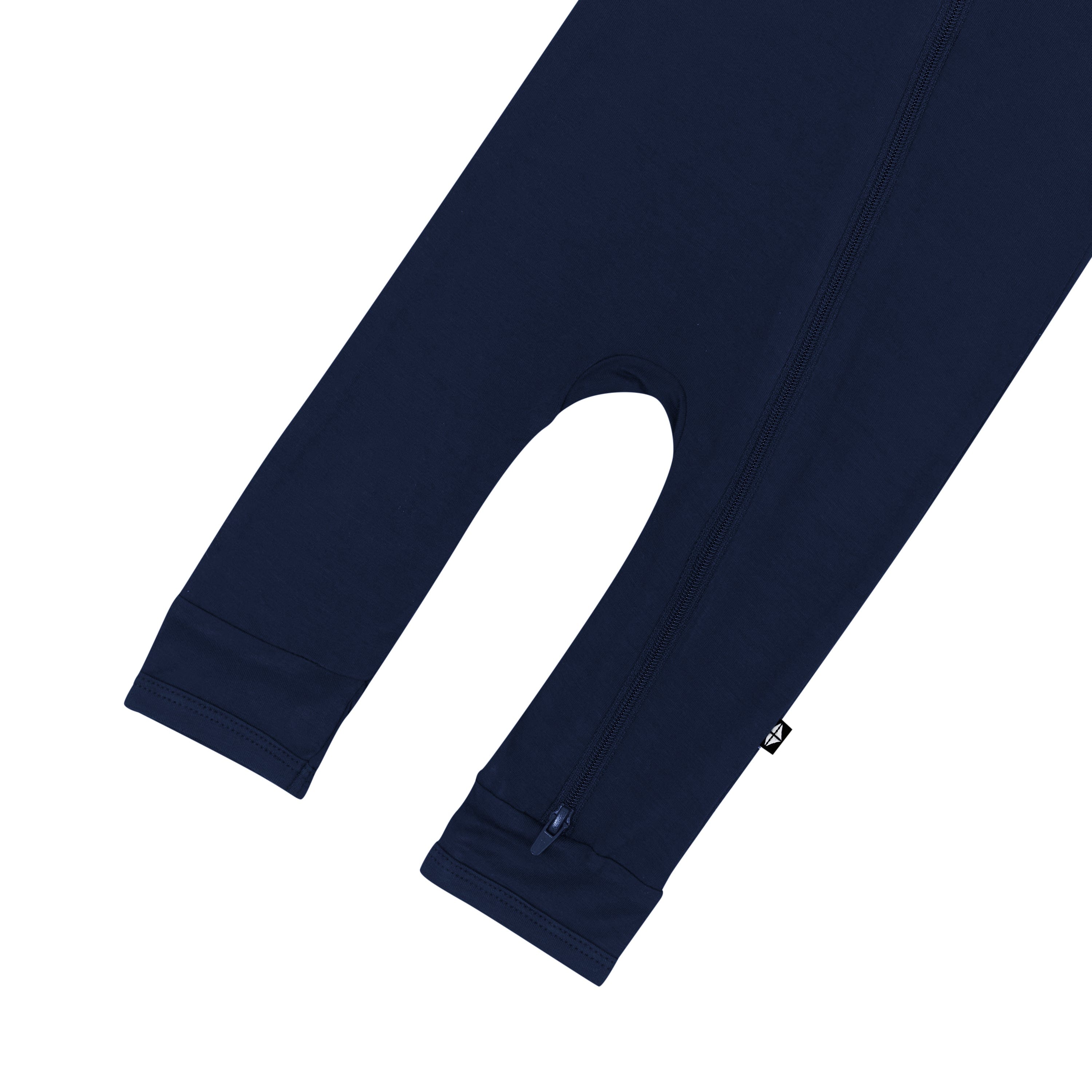 Close up of legs on Kyte Baby Zippered Romper in Navy